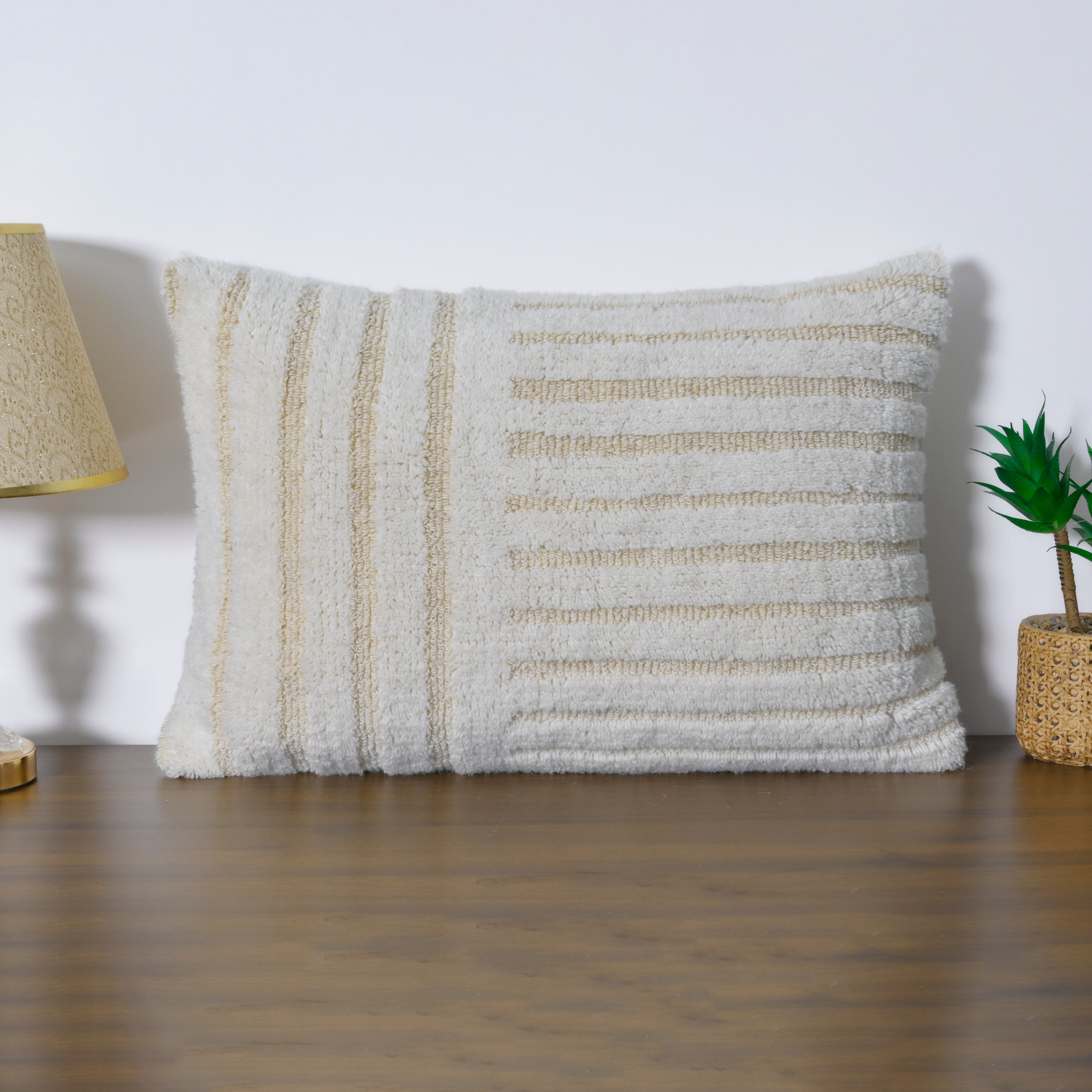 Boho Striped Lumbar Pillow Cover | Cream & Tan Textured Linear Hand-Woven Accent for Farmhouse & Coastal Decor Set of 1 Pc