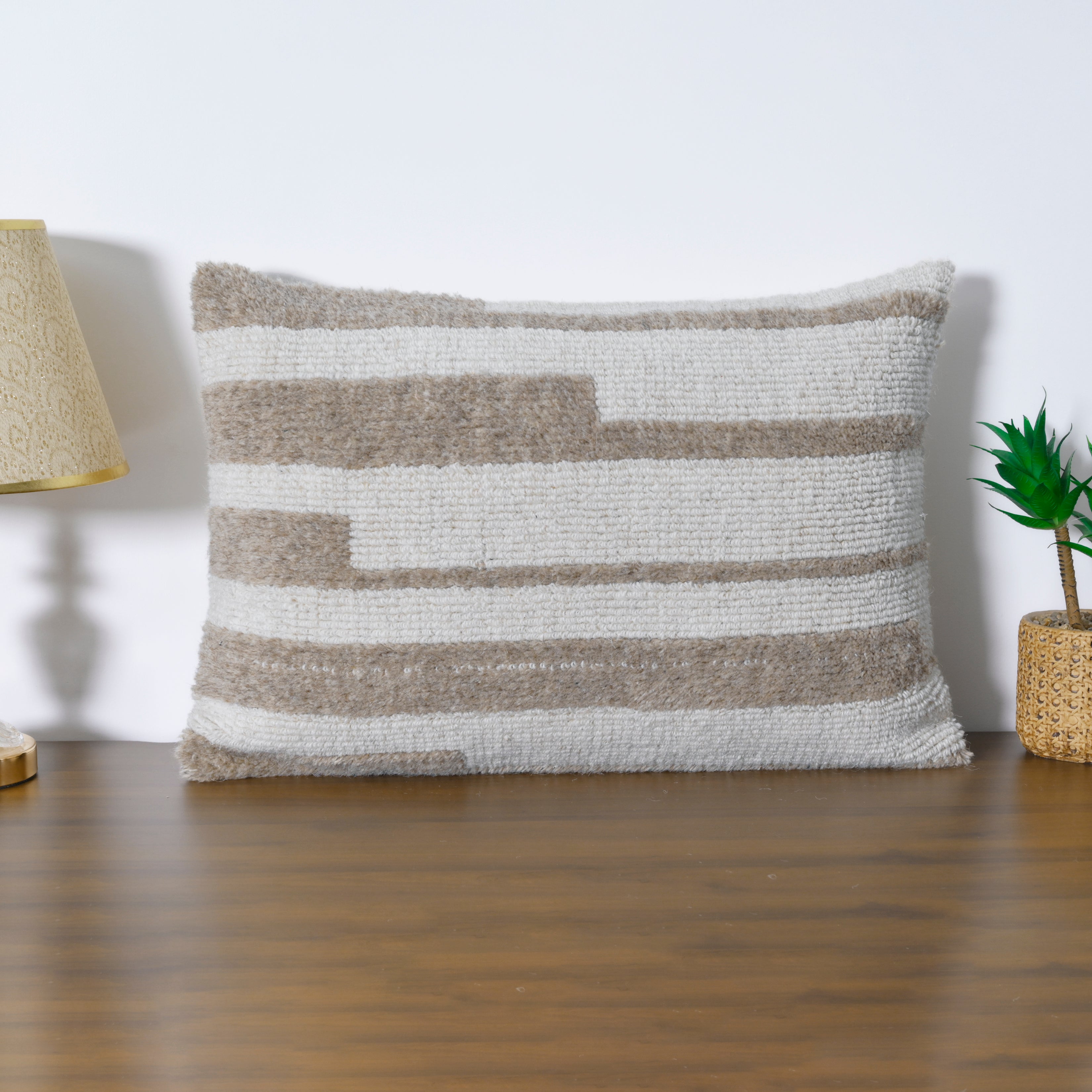 Hand-Textured Lumbar Pillow | Neutral Tan & Ivory Block Stripe Decorative Cushion Cover Set of 1 Pc