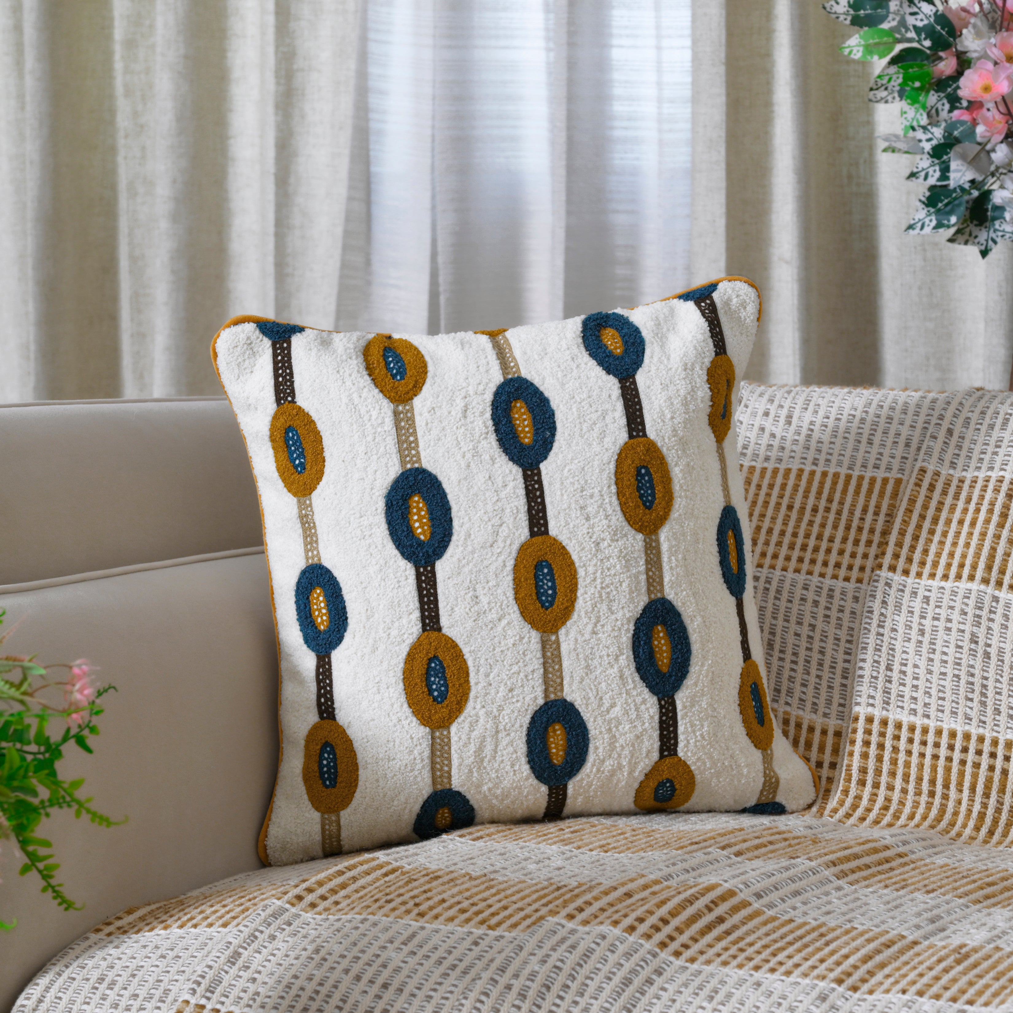 Decorative Tufted Pillow | Modern Geometric Oval Design | Mustard & Navy Blue Set of 1 Pc