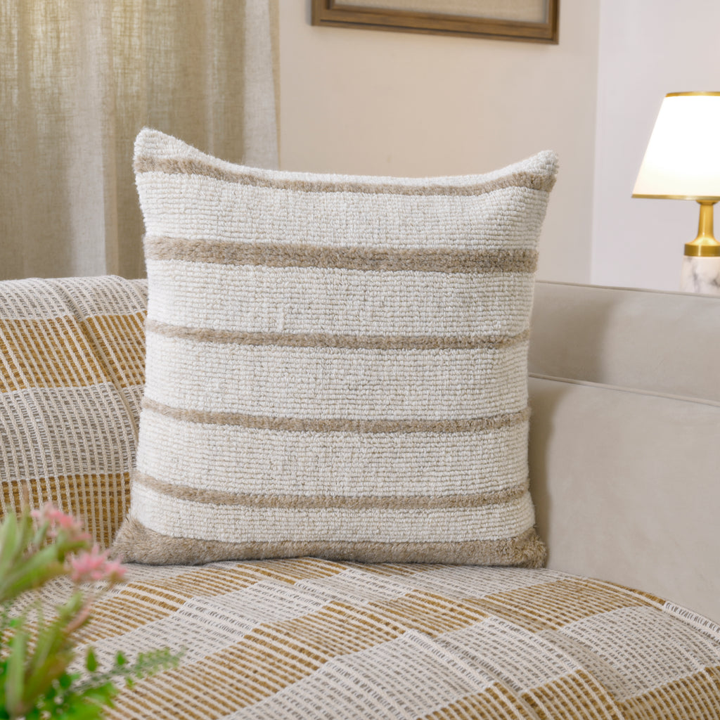 Hand-Woven Striped Textured Pillow | Boho Decorative Square Cushion Cover for Sofa, Couch, or Bed – Cream & Natural Set of 1 Pc