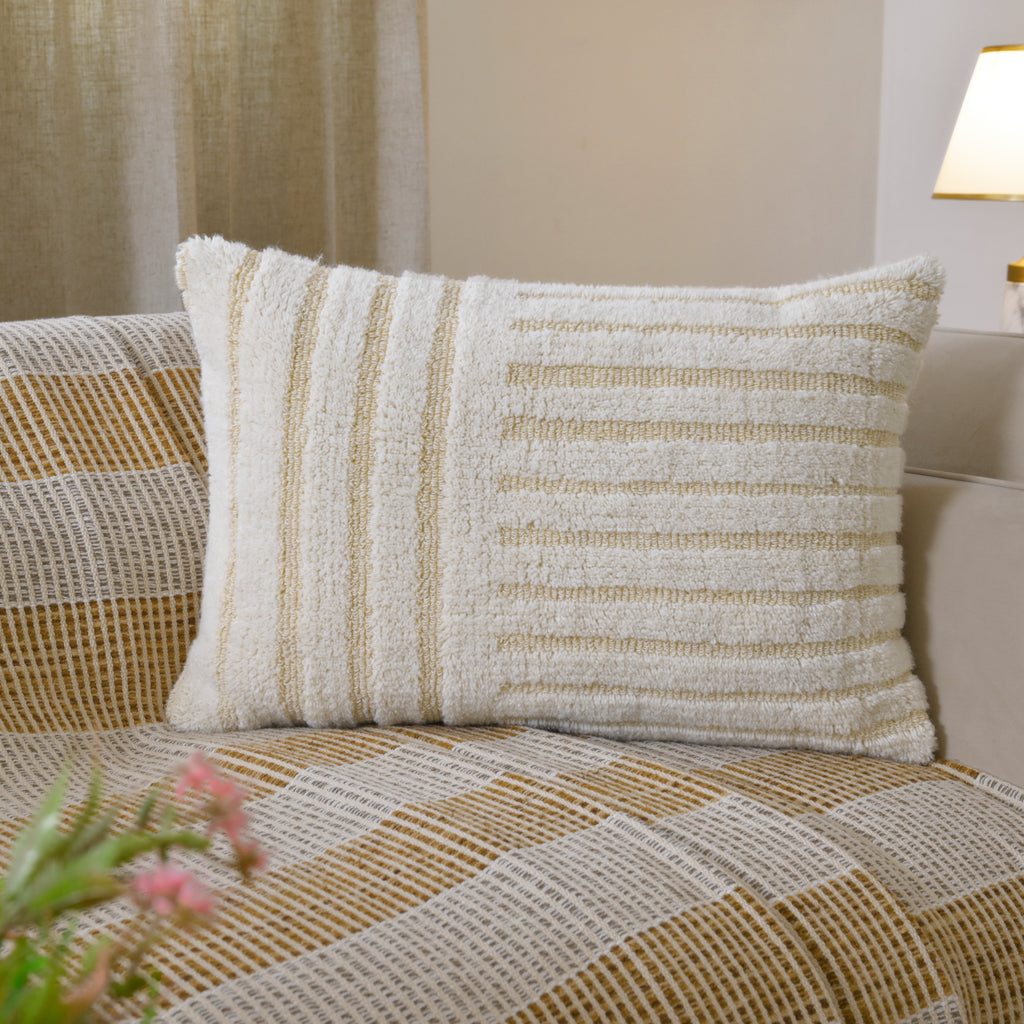 Boho Striped Lumbar Pillow Cover | Cream & Tan Textured Linear Hand-Woven Accent for Farmhouse & Coastal Decor Set of 1 Pc