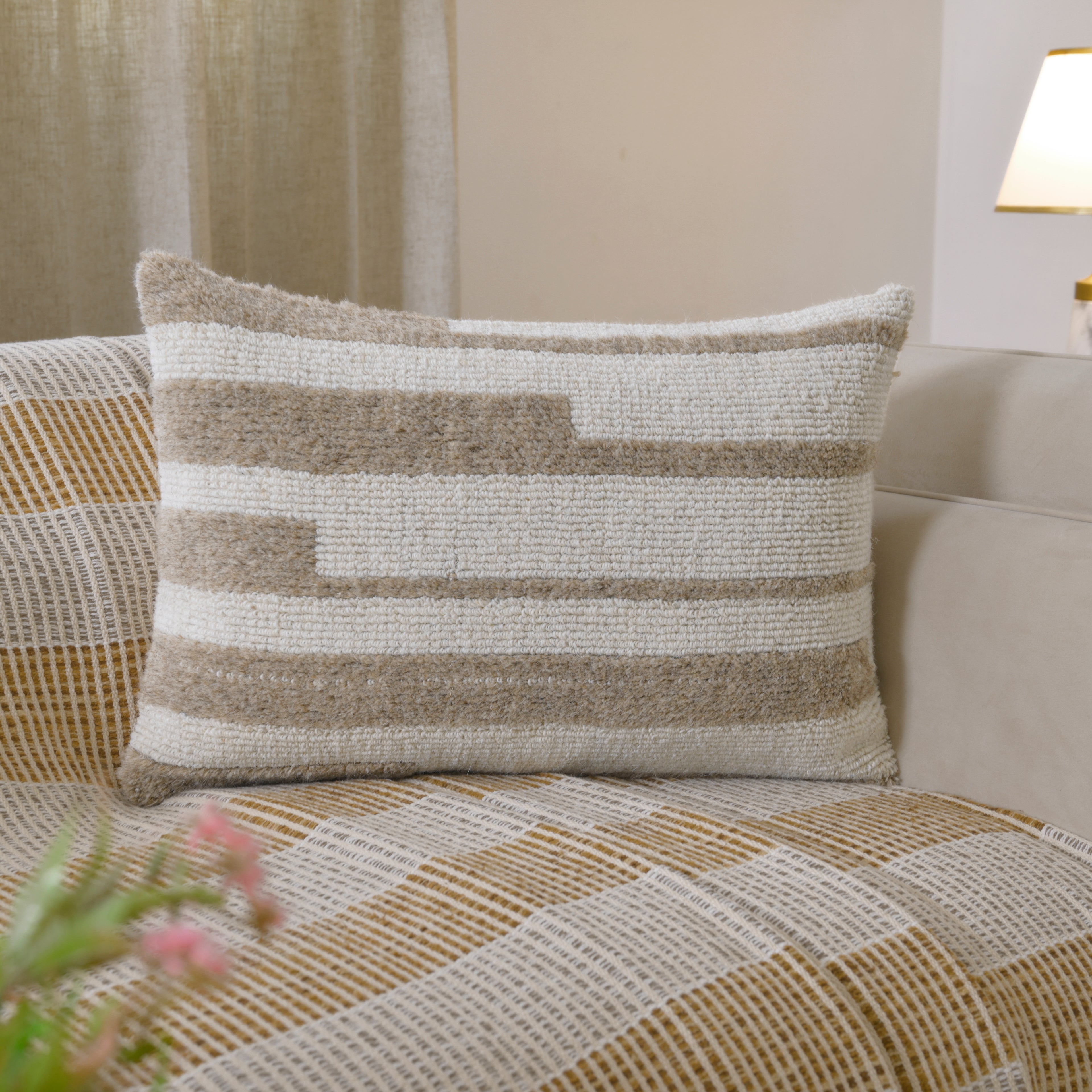 Hand-Textured Lumbar Pillow | Neutral Tan & Ivory Block Stripe Decorative Cushion Cover Set of 1 Pc