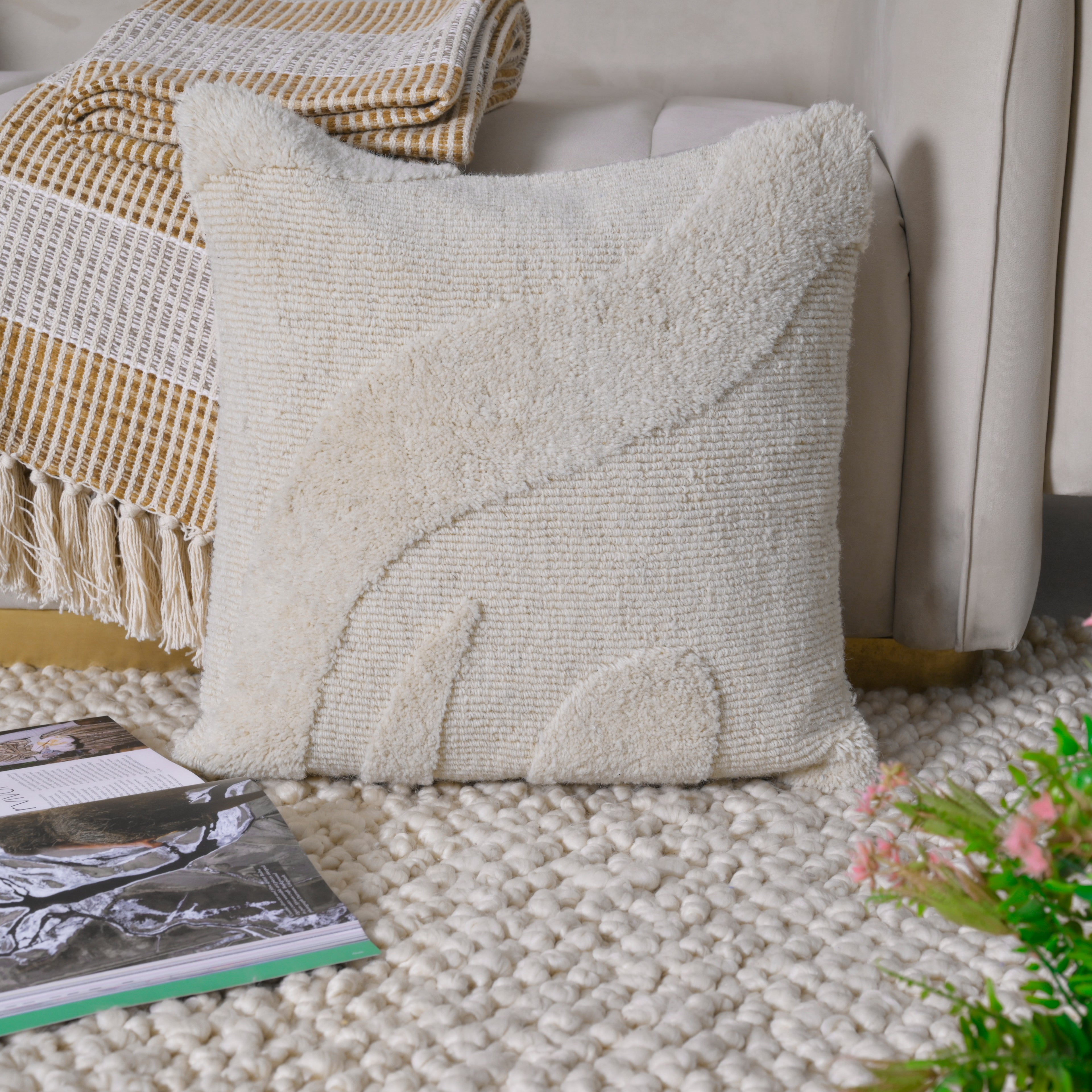 Tufted Decorative Pillow | Textured Boho Accent Cushion | Off-White Neutral Decor Set of 1 Pc