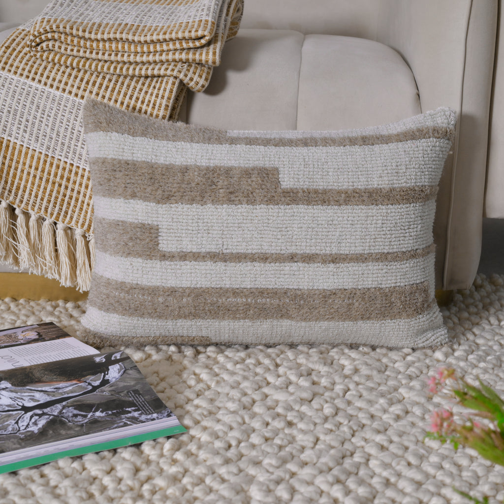Hand-Textured Lumbar Pillow | Neutral Tan & Ivory Block Stripe Decorative Cushion Cover Set of 1 Pc