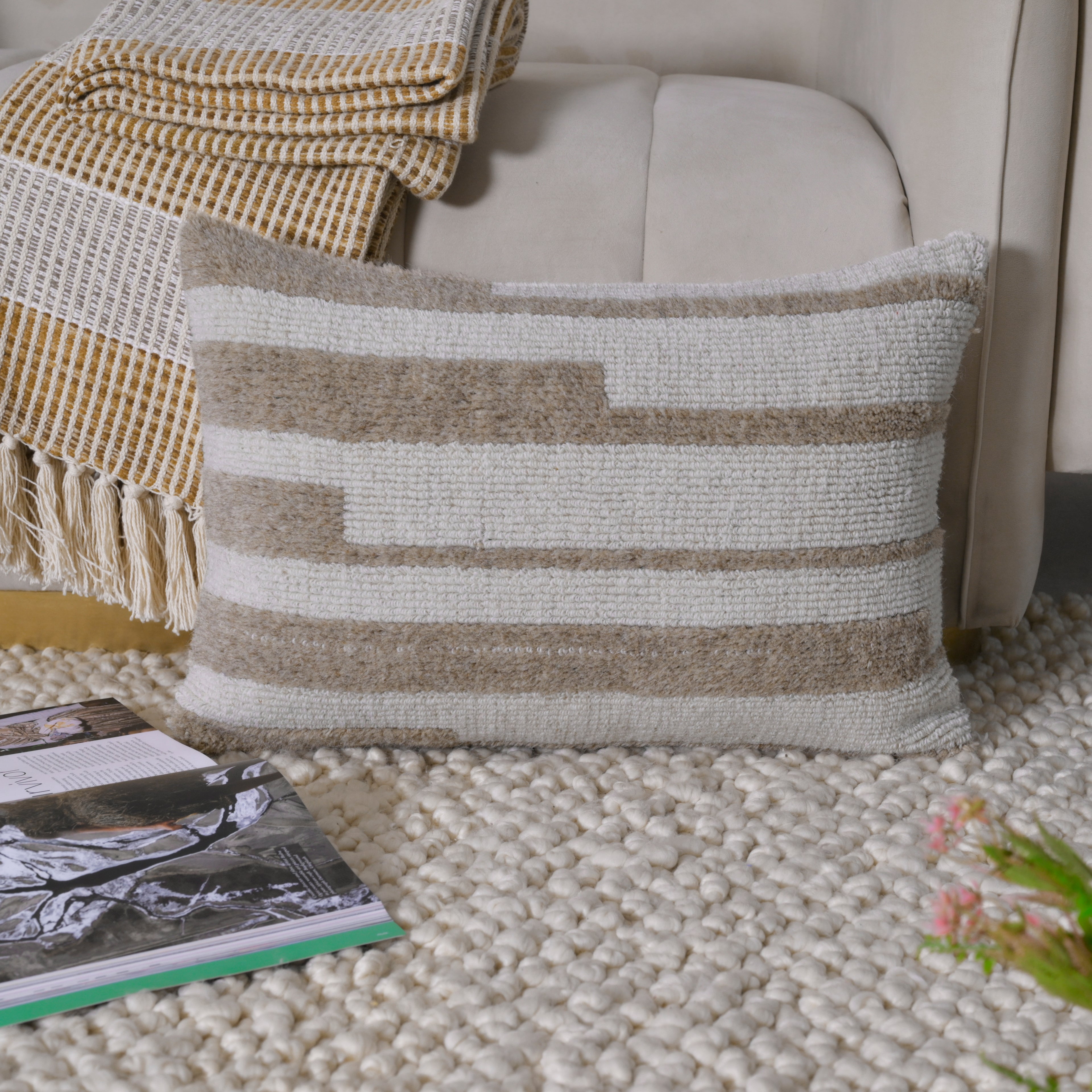 Hand-Textured Lumbar Pillow | Neutral Tan & Ivory Block Stripe Decorative Cushion Cover Set of 1 Pc