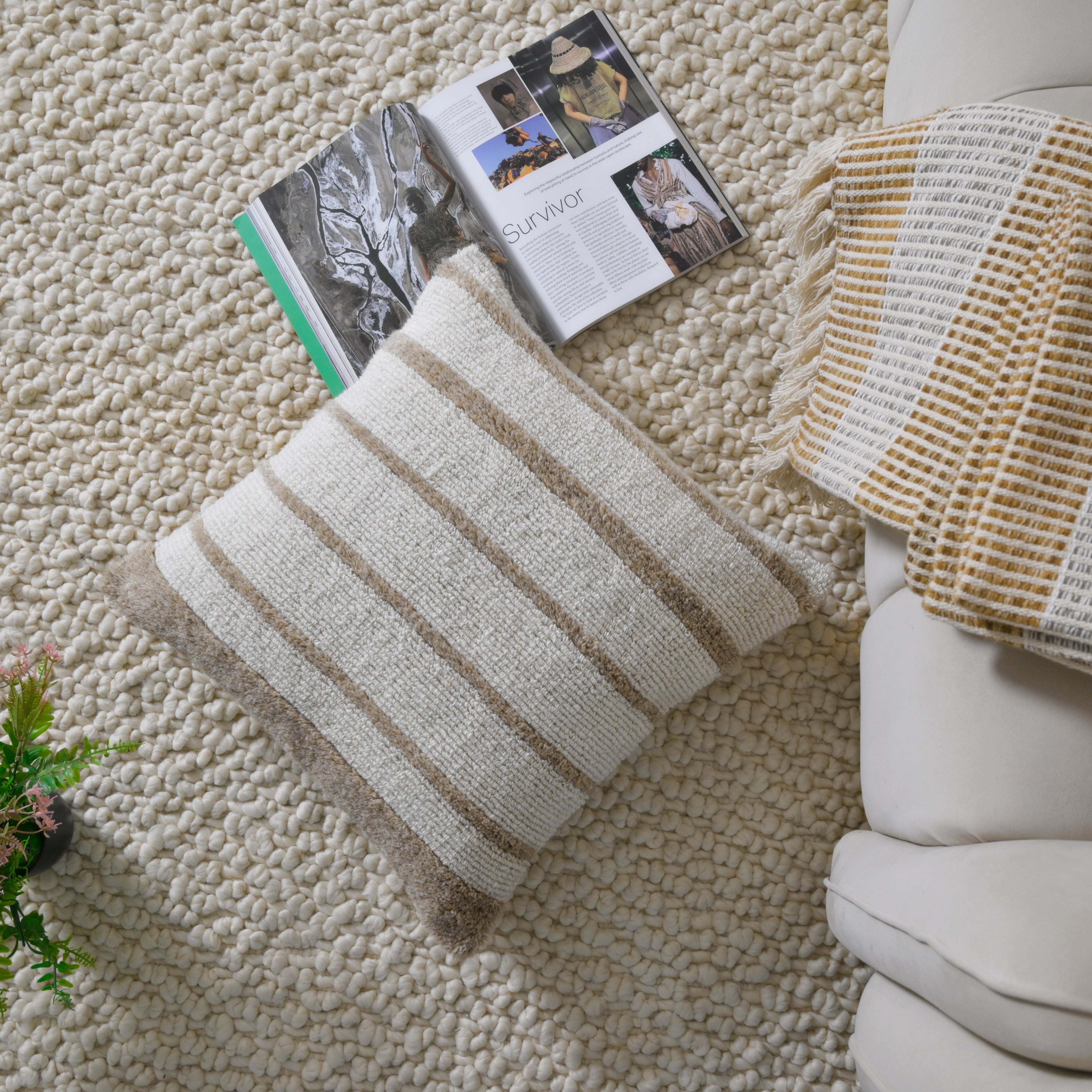 Hand-Woven Striped Textured Pillow | Boho Decorative Square Cushion Cover for Sofa, Couch, or Bed – Cream & Natural Set of 1 Pc