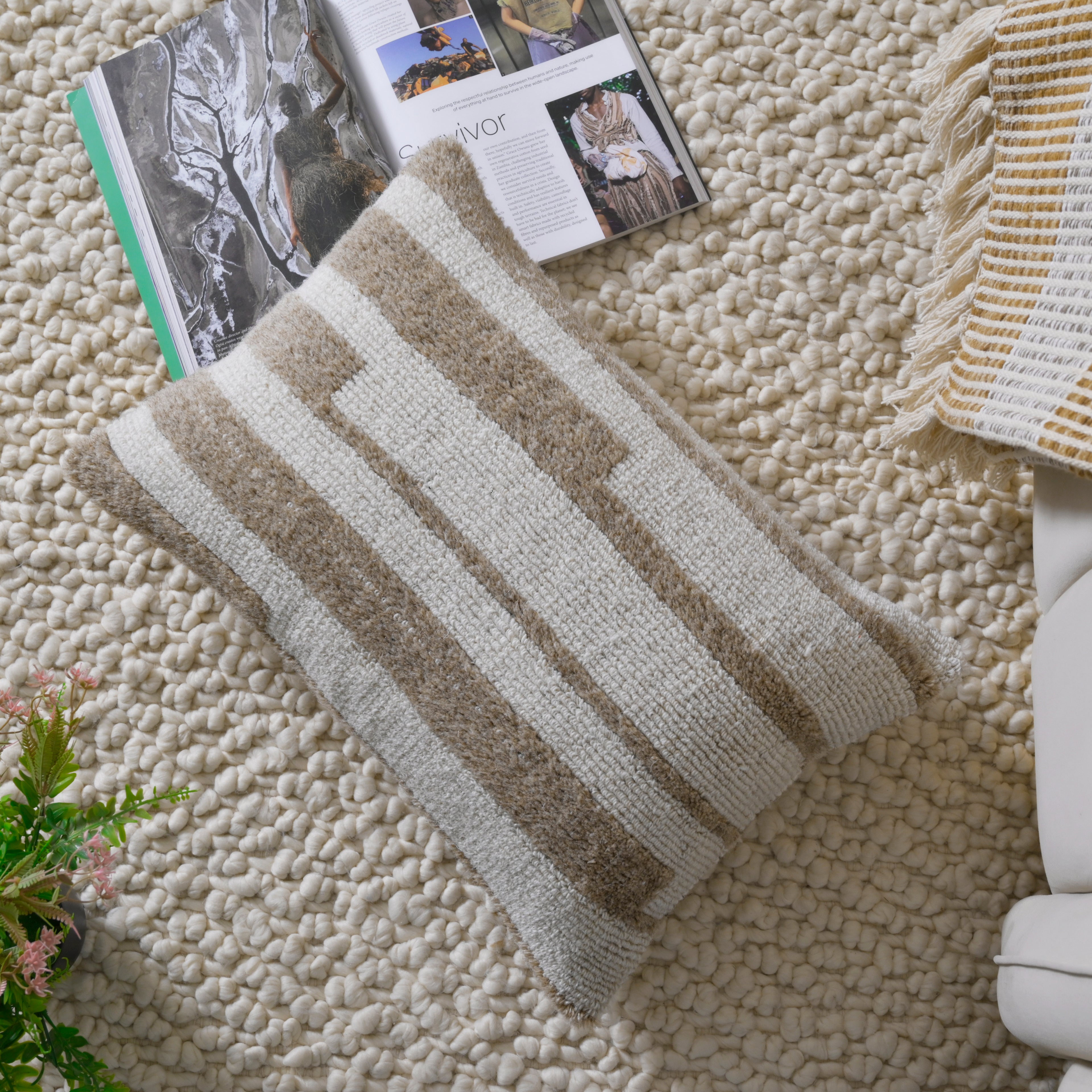 Hand-Textured Lumbar Pillow | Neutral Tan & Ivory Block Stripe Decorative Cushion Cover Set of 1 Pc