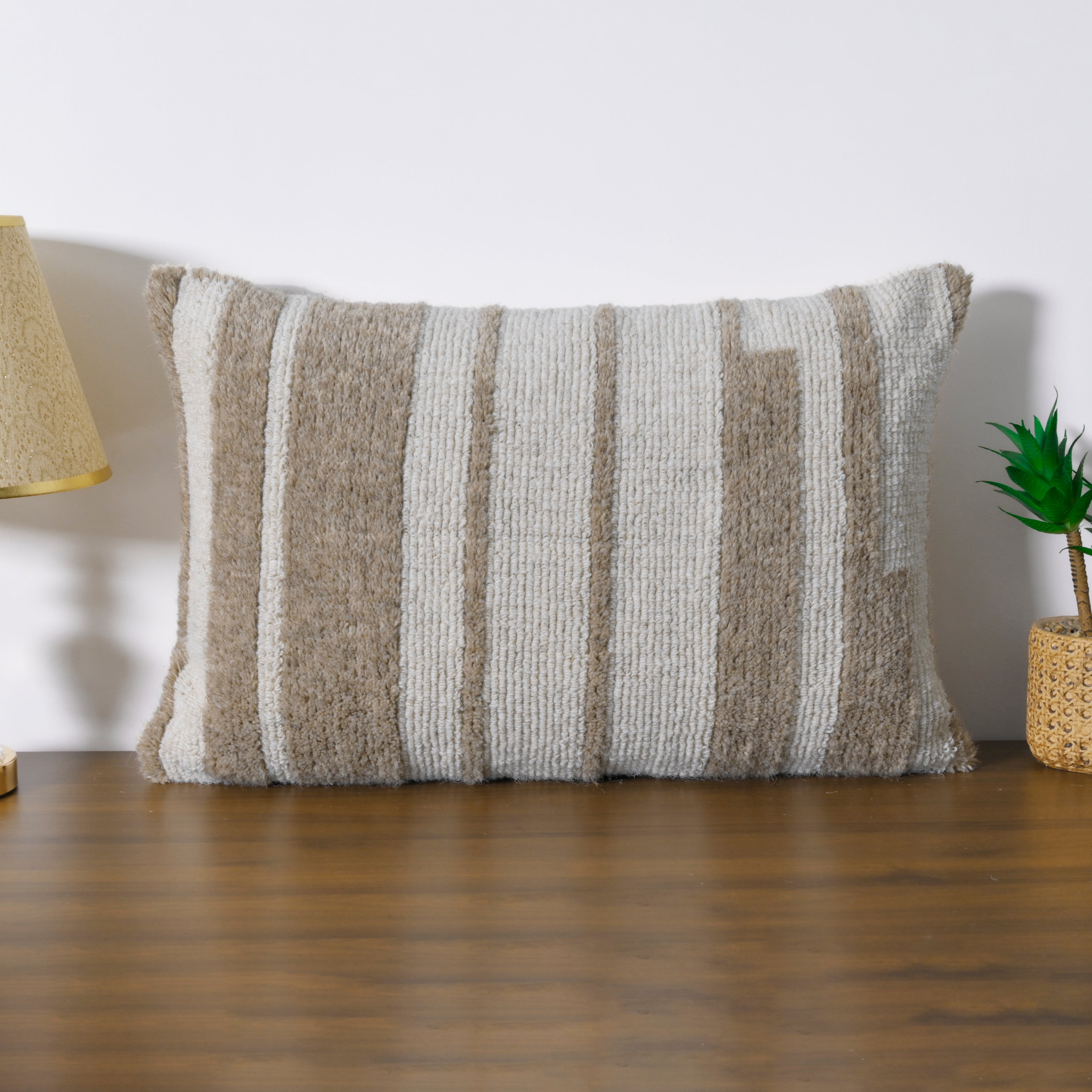 Hand-Tufted Decorative Lumbar Pillow Cover| Textured Stripe  Neutral Cream and Sand Accent Pillow for Sofa, Armchair, and Bedroom Decor Set of 1 Pc