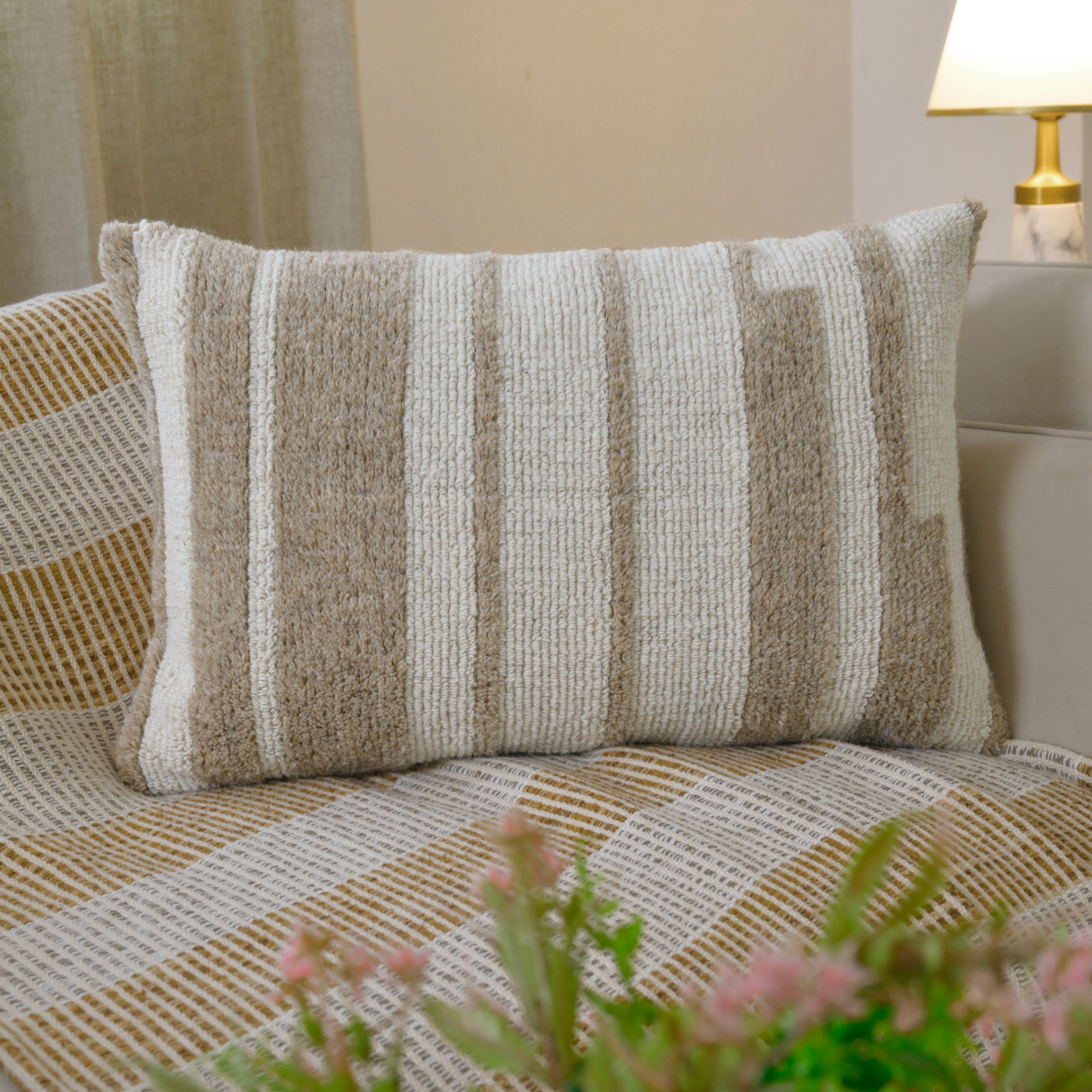 Hand-Tufted Decorative Lumbar Pillow Cover| Textured Stripe  Neutral Cream and Sand Accent Pillow for Sofa, Armchair, and Bedroom Decor Set of 1 Pc