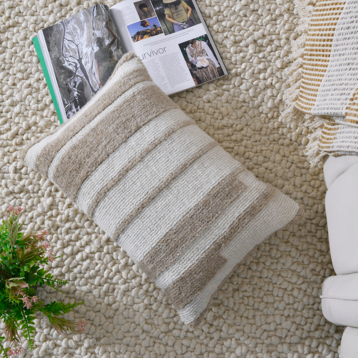 Hand-Tufted Decorative Lumbar Pillow Cover| Textured Stripe  Neutral Cream and Sand Accent Pillow for Sofa, Armchair, and Bedroom Decor Set of 1 Pc