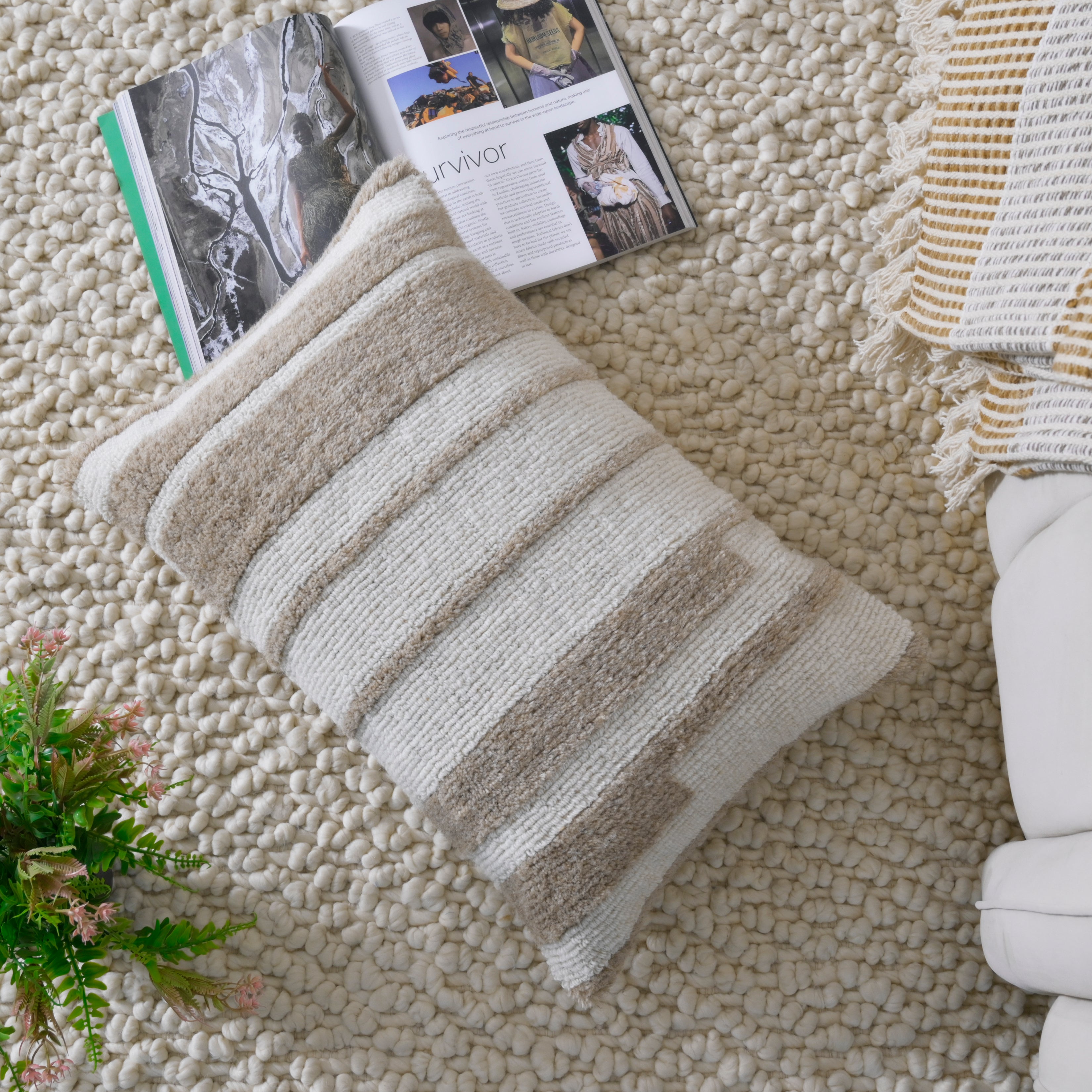 Hand-Tufted Decorative Lumbar Pillow Cover| Textured Stripe  Neutral Cream and Sand Accent Pillow for Sofa, Armchair, and Bedroom Decor Set of 1 Pc