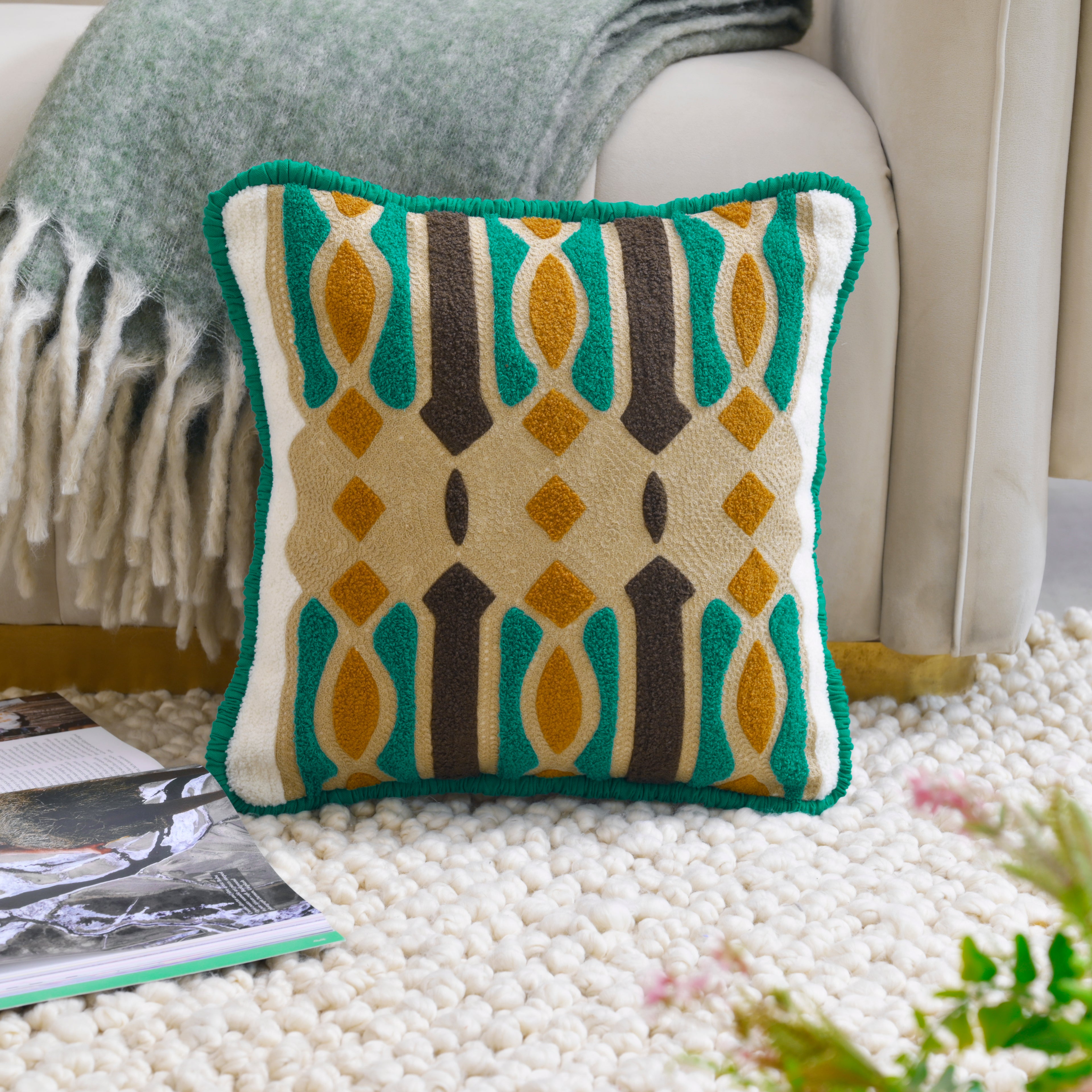 Premium Geometric Tufted Cushion Cover | Soft Decorative Cotton Pillow Case for Sofa, Bed & Living Room (Green & Mustard) Set of 1 Pc