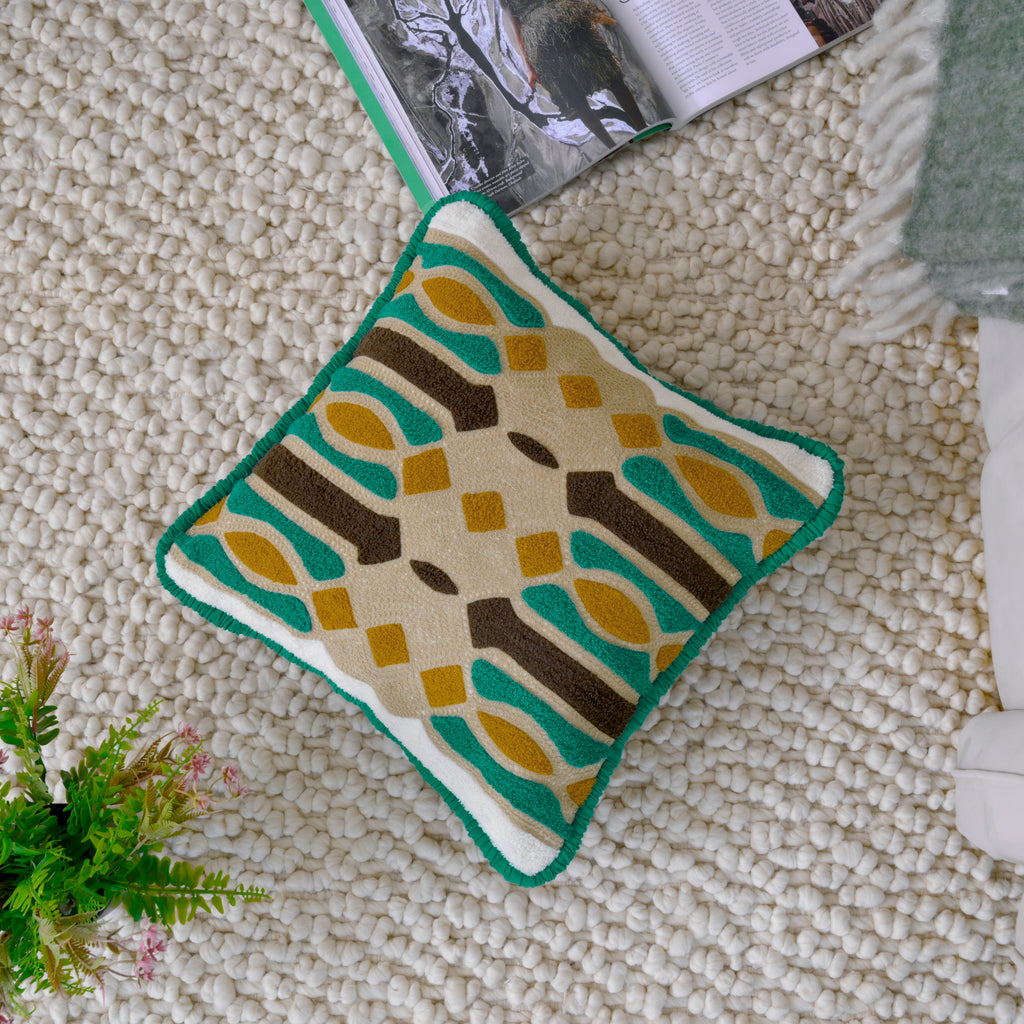 Premium Geometric Tufted Cushion Cover | Soft Decorative Cotton Pillow Case for Sofa, Bed & Living Room (Green & Mustard) Set of 1 Pc