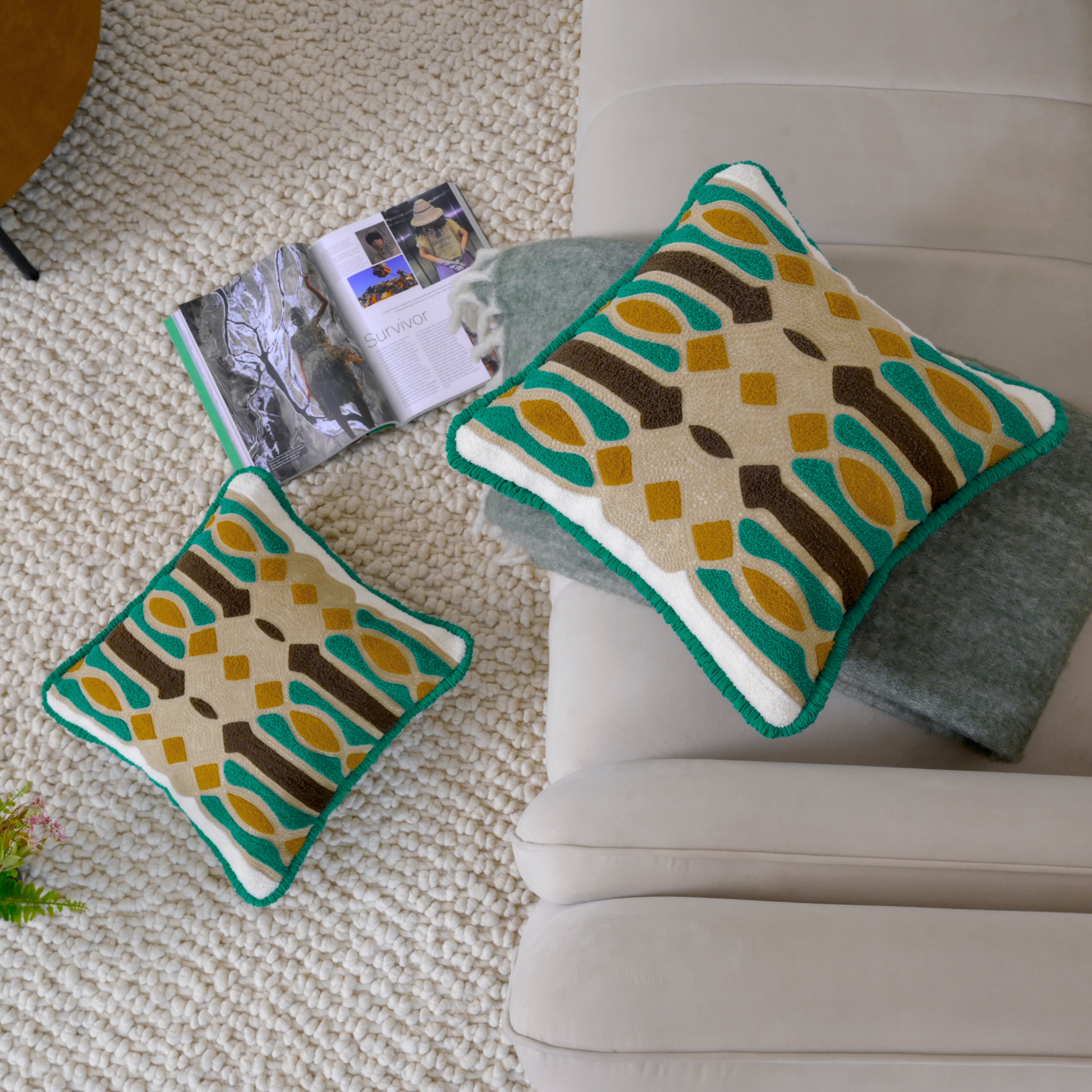 Premium Geometric Tufted Cushion Cover | Soft Decorative Cotton Pillow Case for Sofa, Bed & Living Room (Green & Mustard) Set of 1 Pc