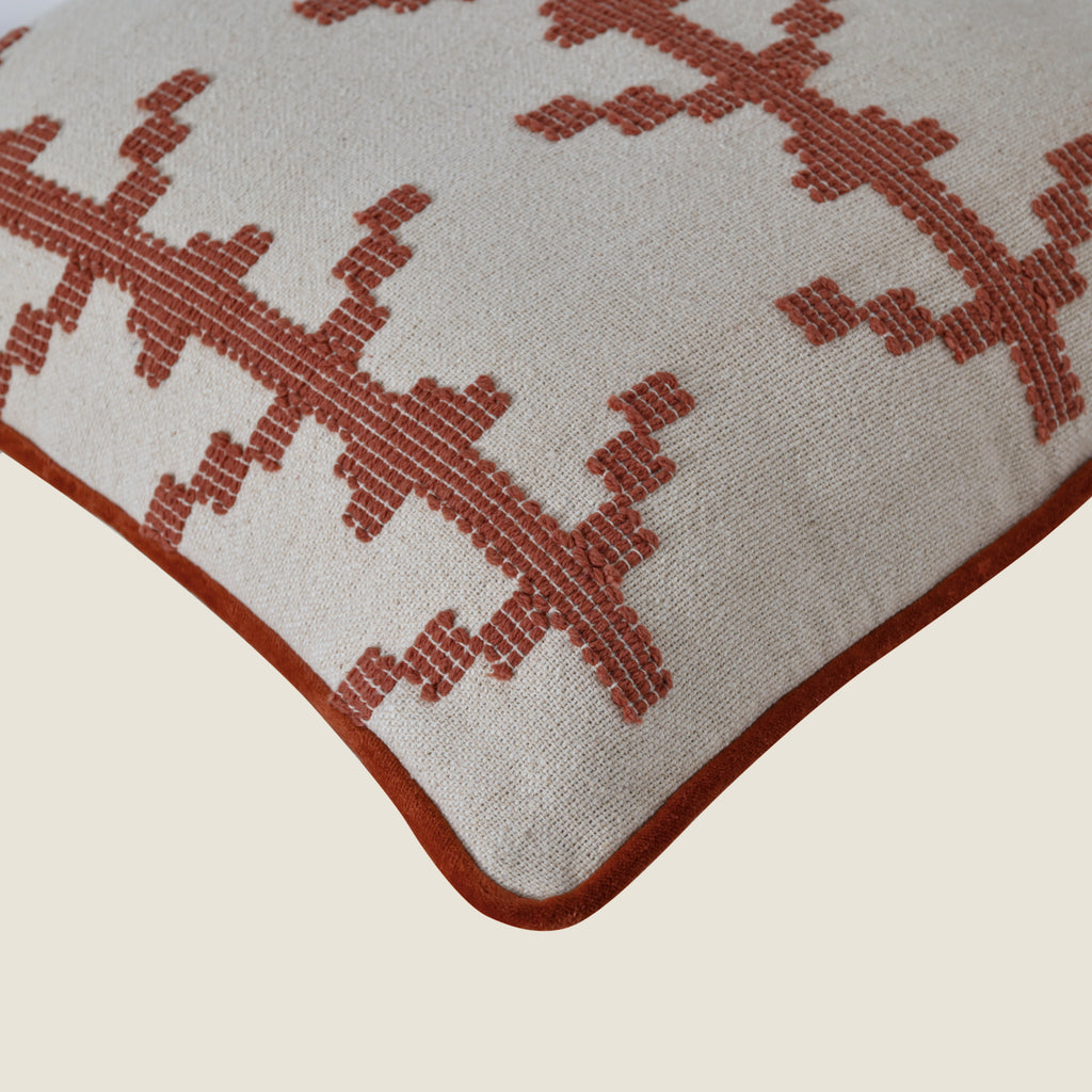 Boho Square Cushion Cover | Terracotta Rust Embroidered Geometric Pattern – Cream Cotton Canvas Decorative Pillow Case for Couch, Sofa, and Living Room Set of 1 Pc