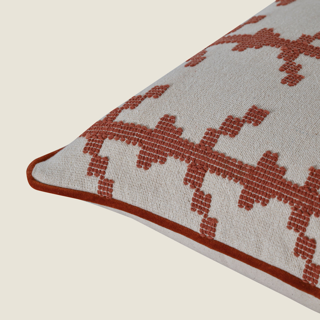 Boho Square Cushion Cover | Terracotta Rust Embroidered Geometric Pattern – Cream Cotton Canvas Decorative Pillow Case for Couch, Sofa, and Living Room Set of 1 Pc
