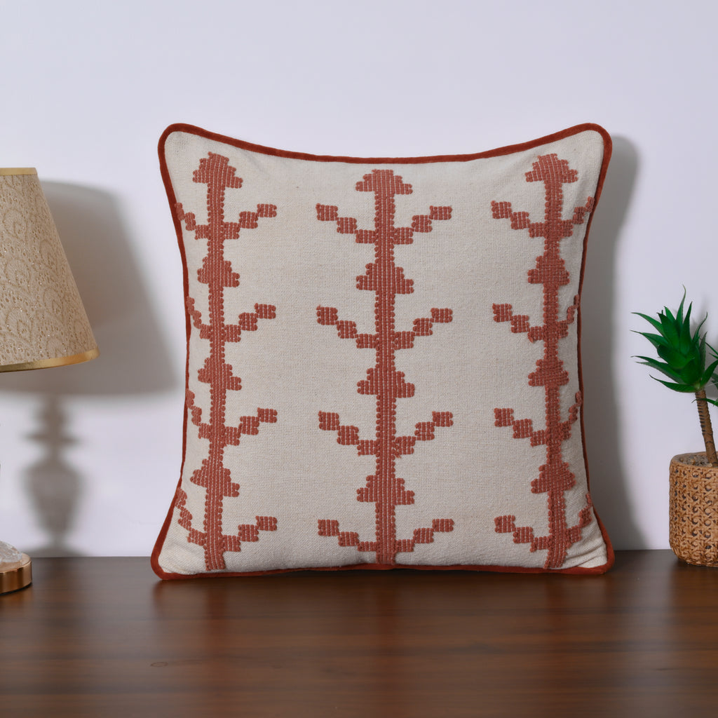 Boho Square Cushion Cover | Terracotta Rust Embroidered Geometric Pattern – Cream Cotton Canvas Decorative Pillow Case for Couch, Sofa, and Living Room Set of 1 Pc
