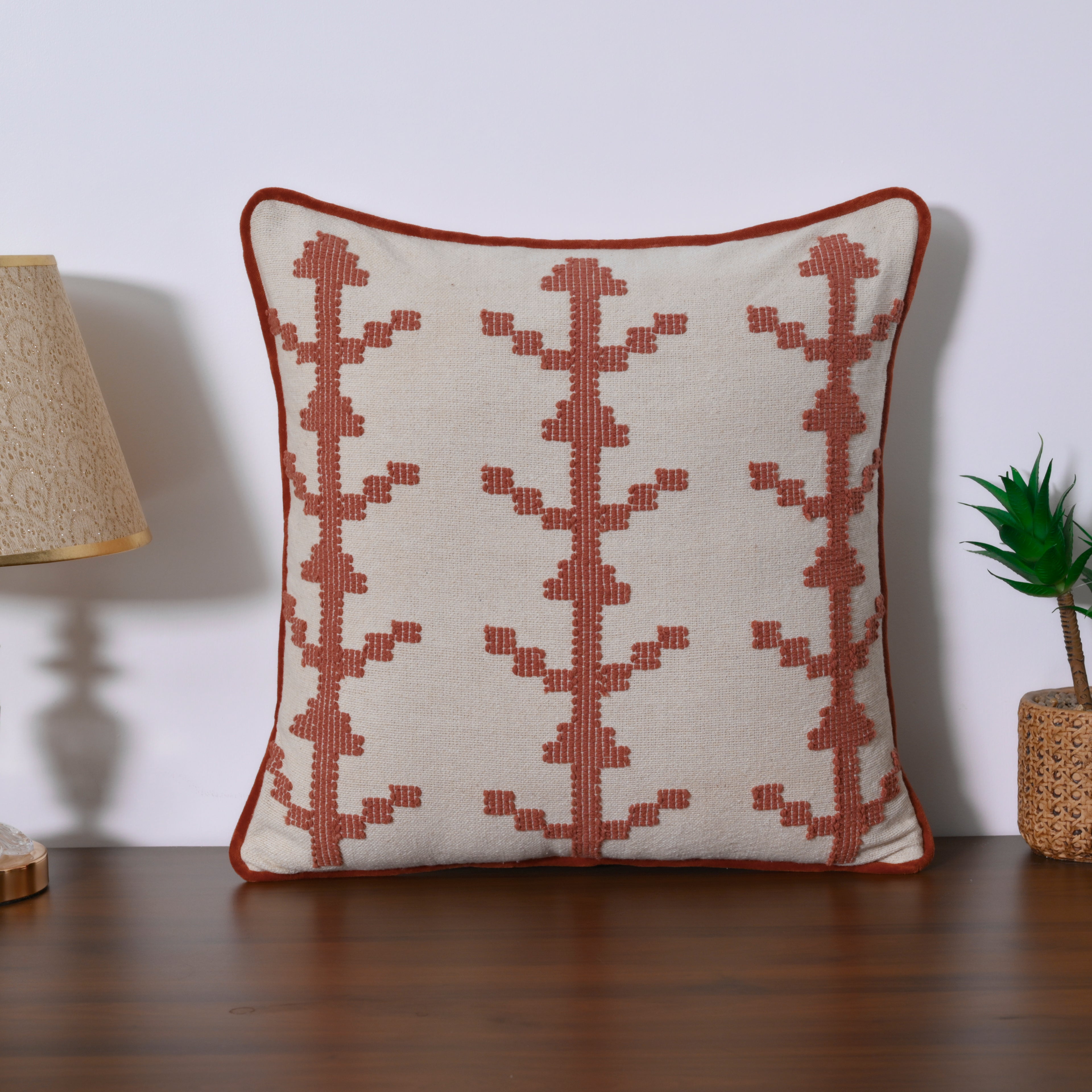 Boho Square Cushion Cover | Terracotta Rust Embroidered Geometric Pattern – Cream Cotton Canvas Decorative Pillow Case for Couch, Sofa, and Living Room Set of 1 Pc