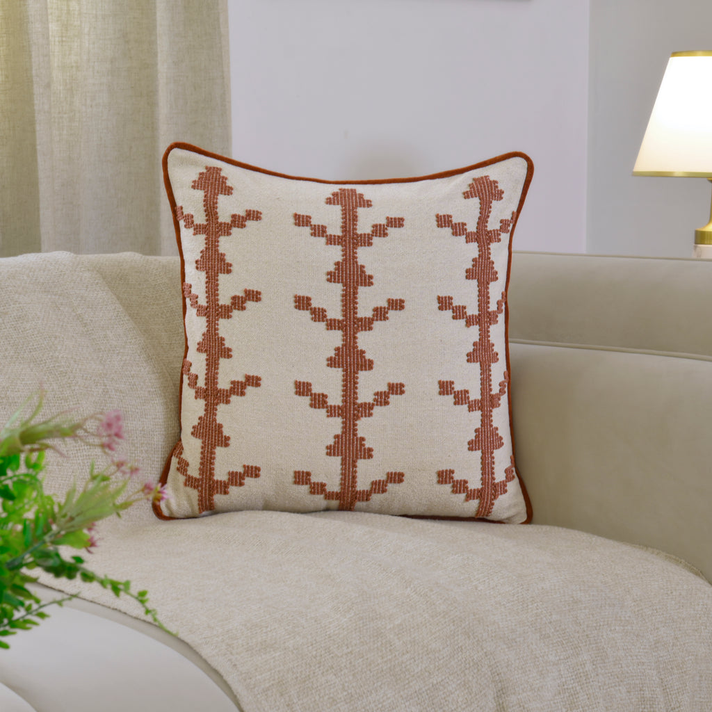 Boho Square Cushion Cover | Terracotta Rust Embroidered Geometric Pattern – Cream Cotton Canvas Decorative Pillow Case for Couch, Sofa, and Living Room Set of 1 Pc