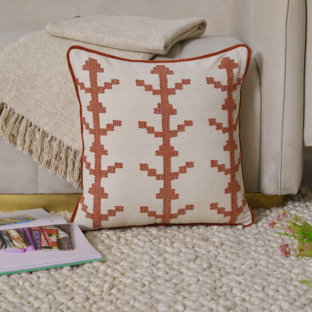 Boho Square Cushion Cover | Terracotta Rust Embroidered Geometric Pattern – Cream Cotton Canvas Decorative Pillow Case for Couch, Sofa, and Living Room Set of 1 Pc