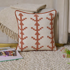 Boho Square Cushion Cover | Terracotta Rust Embroidered Geometric Pattern – Cream Cotton Canvas Decorative Pillow Case for Couch, Sofa, and Living Room Set of 1 Pc