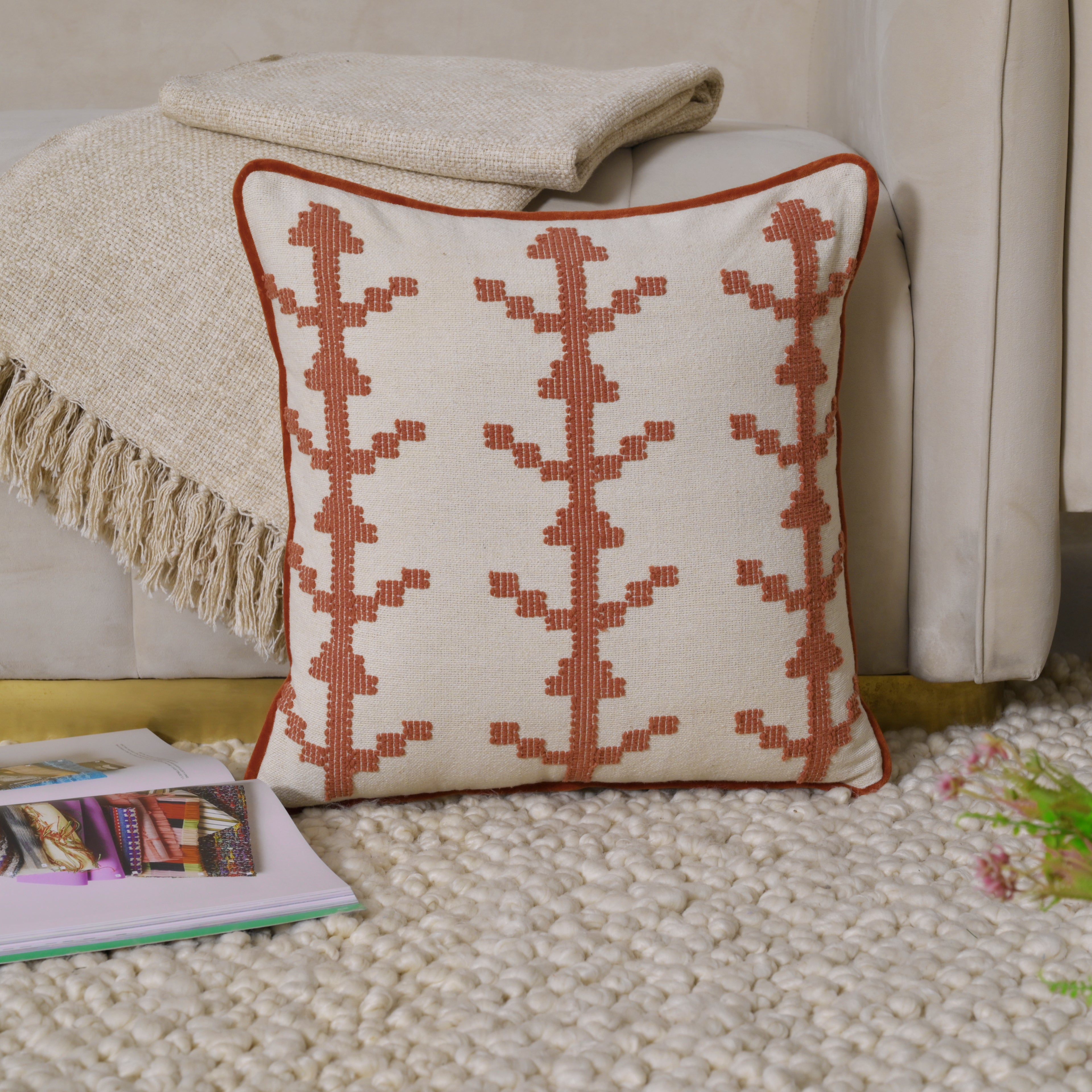Boho Square Cushion Cover | Terracotta Rust Embroidered Geometric Pattern – Cream Cotton Canvas Decorative Pillow Case for Couch, Sofa, and Living Room Set of 1 Pc