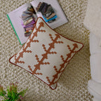 Boho Square Cushion Cover | Terracotta Rust Embroidered Geometric Pattern – Cream Cotton Canvas Decorative Pillow Case for Couch, Sofa, and Living Room Set of 1 Pc