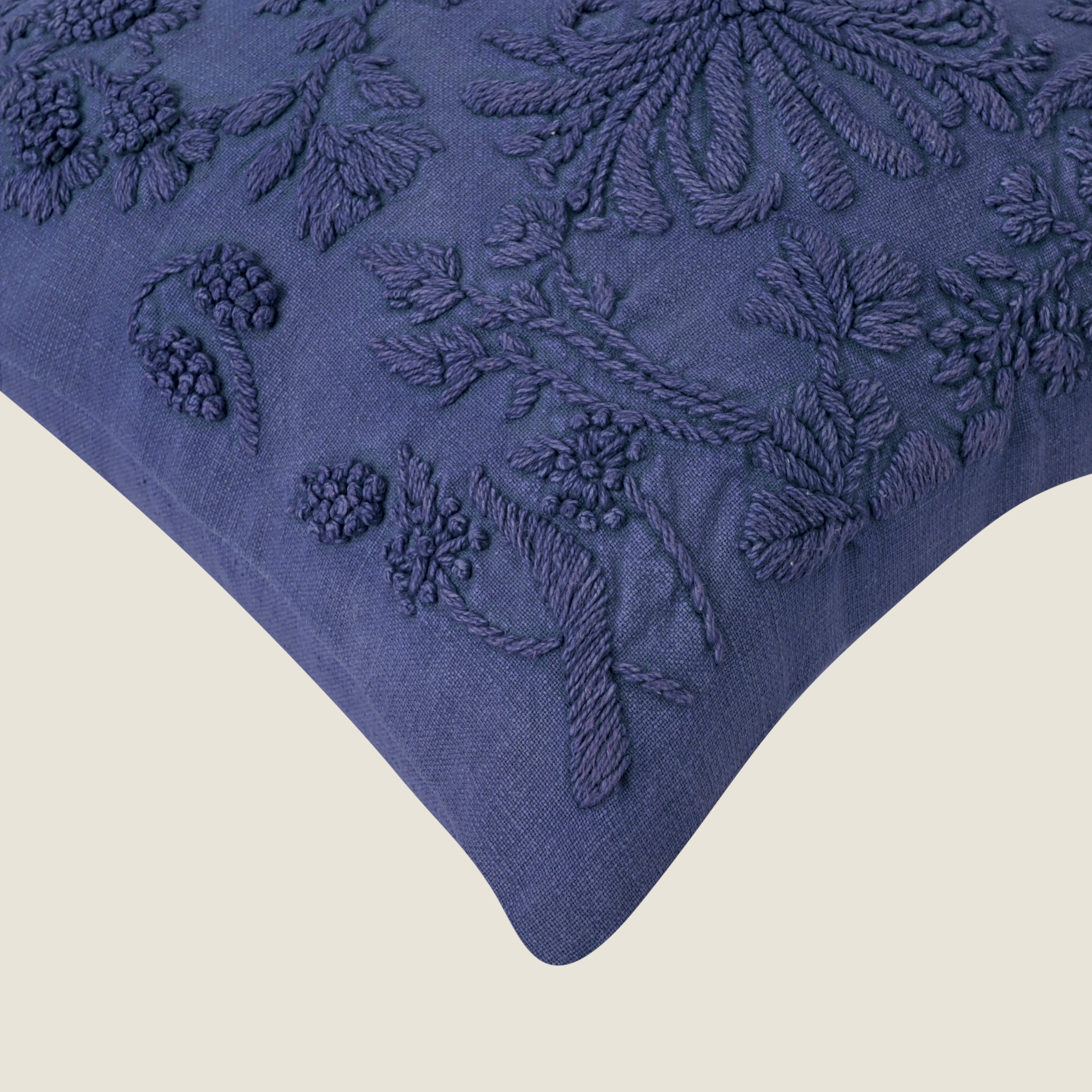 Hand-Embroidered Floral Decorative Pillow Cover | Navy Blue Textured Cotton Linen Cushion Cover for Sofa, Couch, and Bedroom Set of 1 Pc