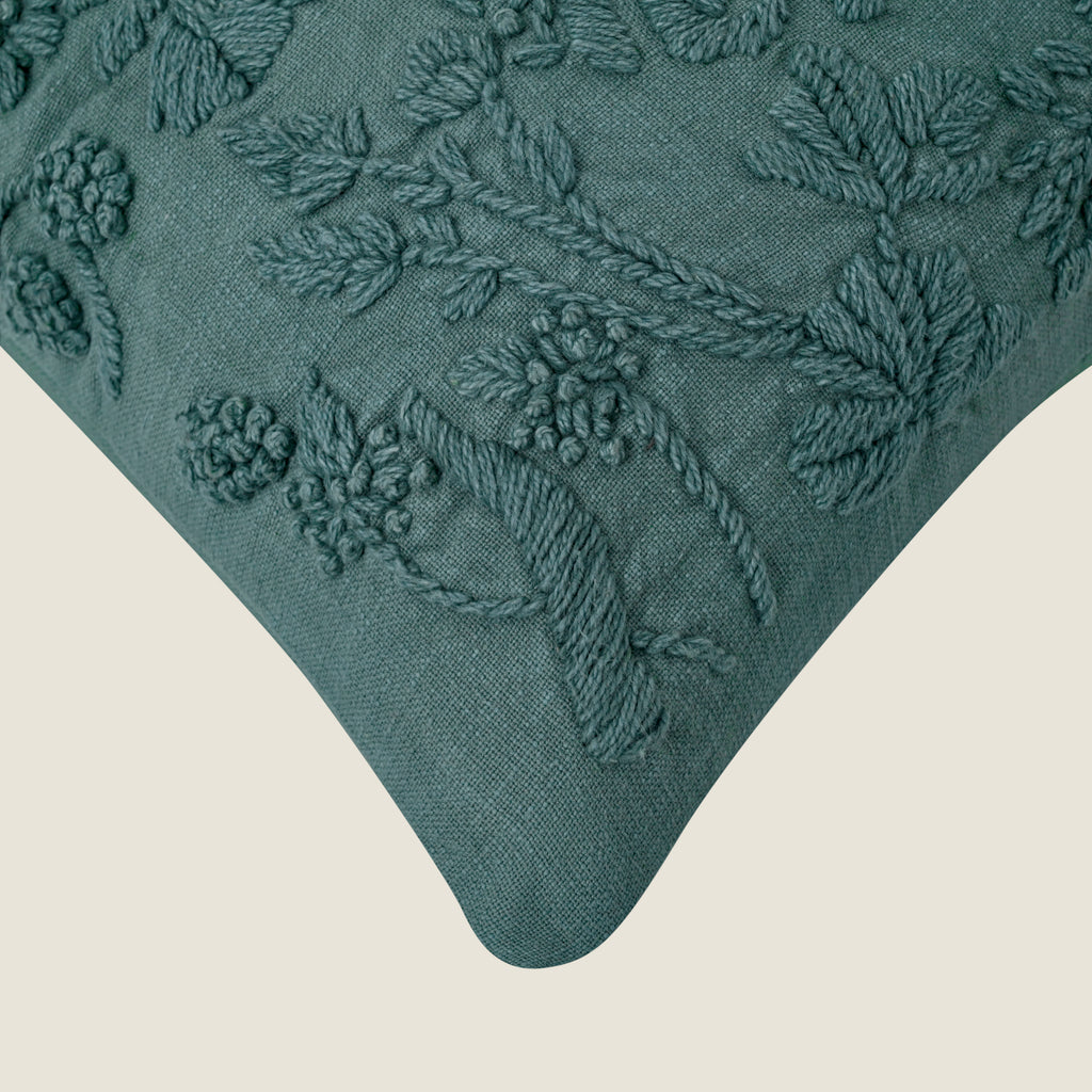 Hand-Embroidered Floral Cushion Cover | Teal Textured Pillow Cover for Sofa & Home Decor Set of 1 Pc
