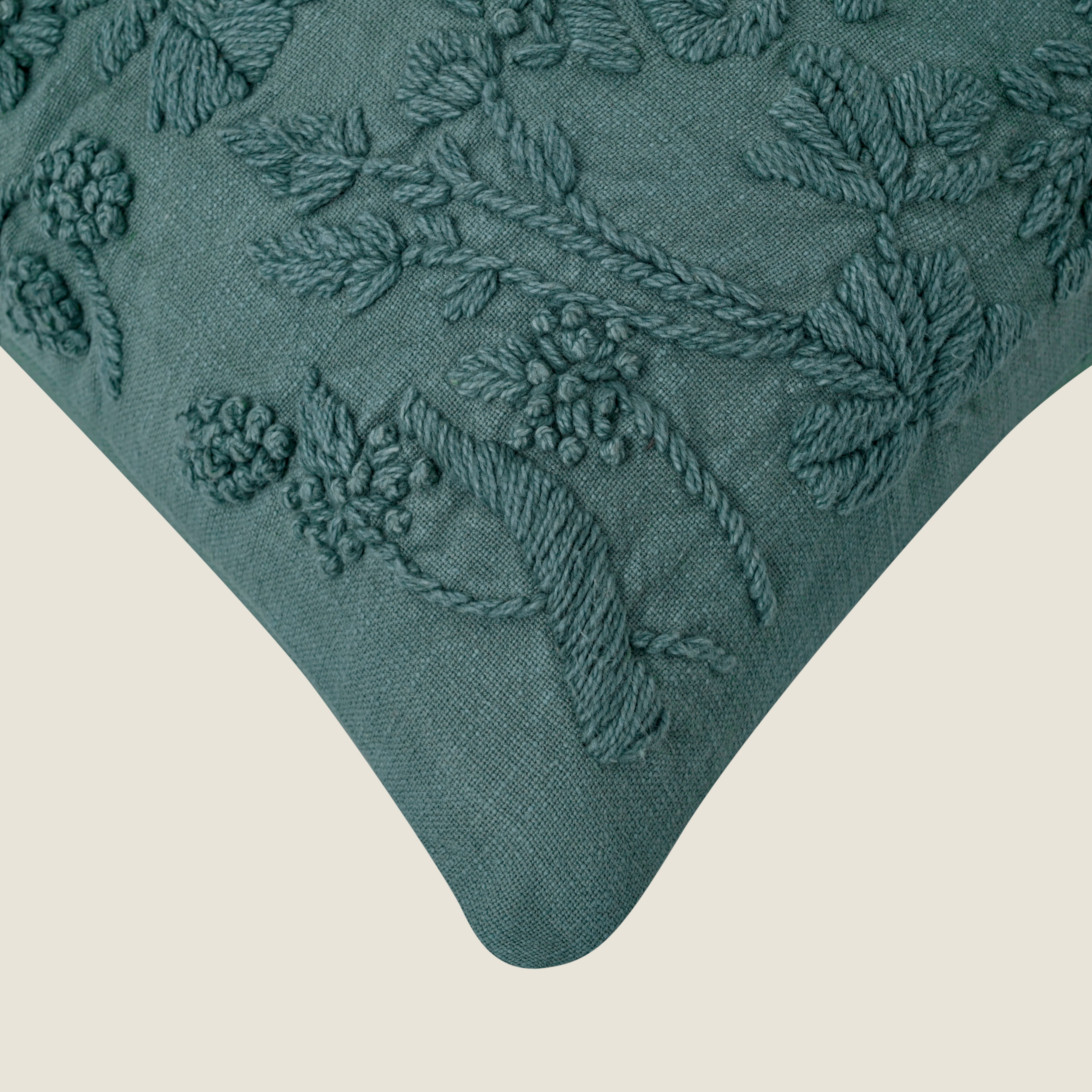Hand-Embroidered Floral Cushion Cover | Teal Textured Pillow Cover for Sofa & Home Decor Set of 1 Pc