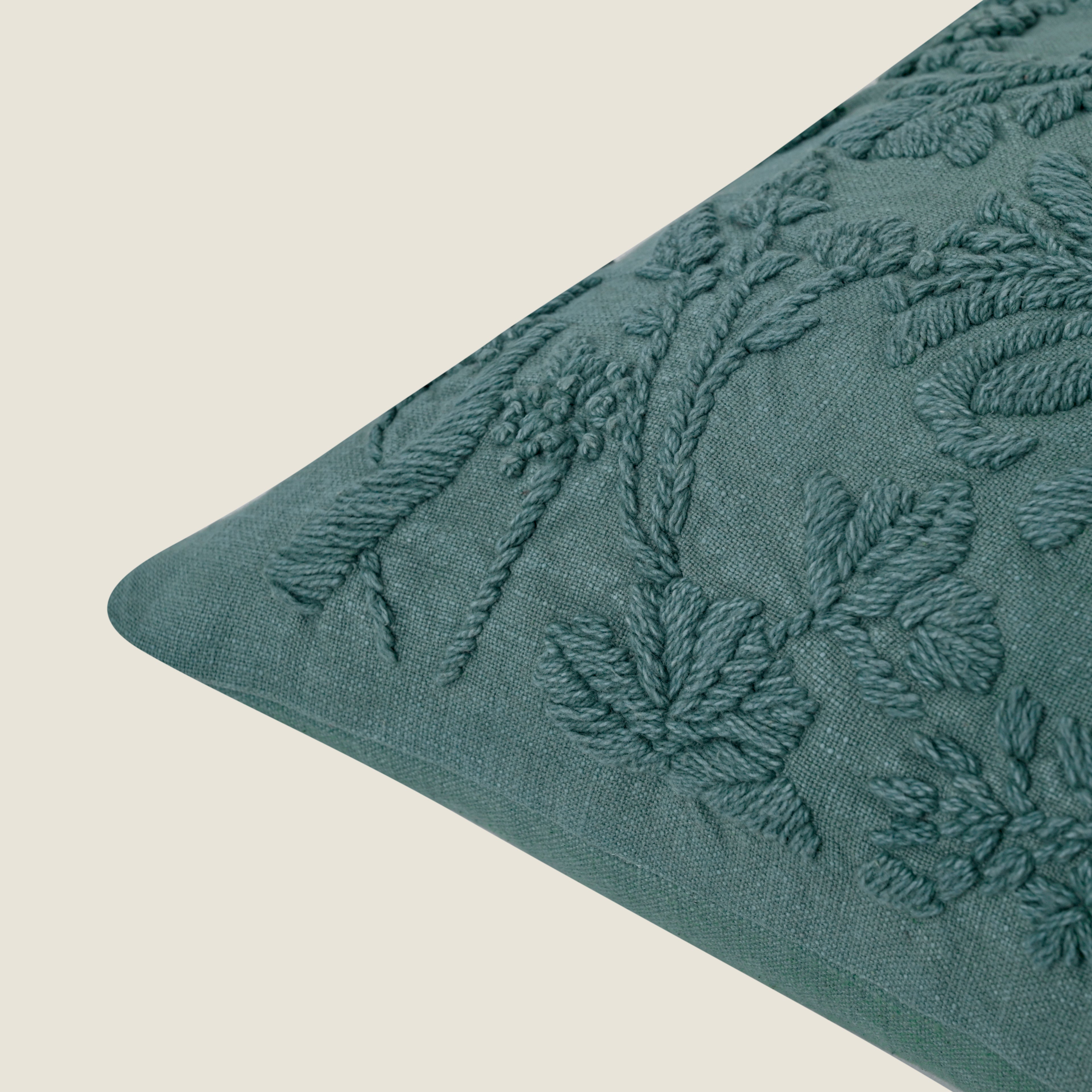 Hand-Embroidered Floral Cushion Cover | Teal Textured Pillow Cover for Sofa & Home Decor Set of 1 Pc