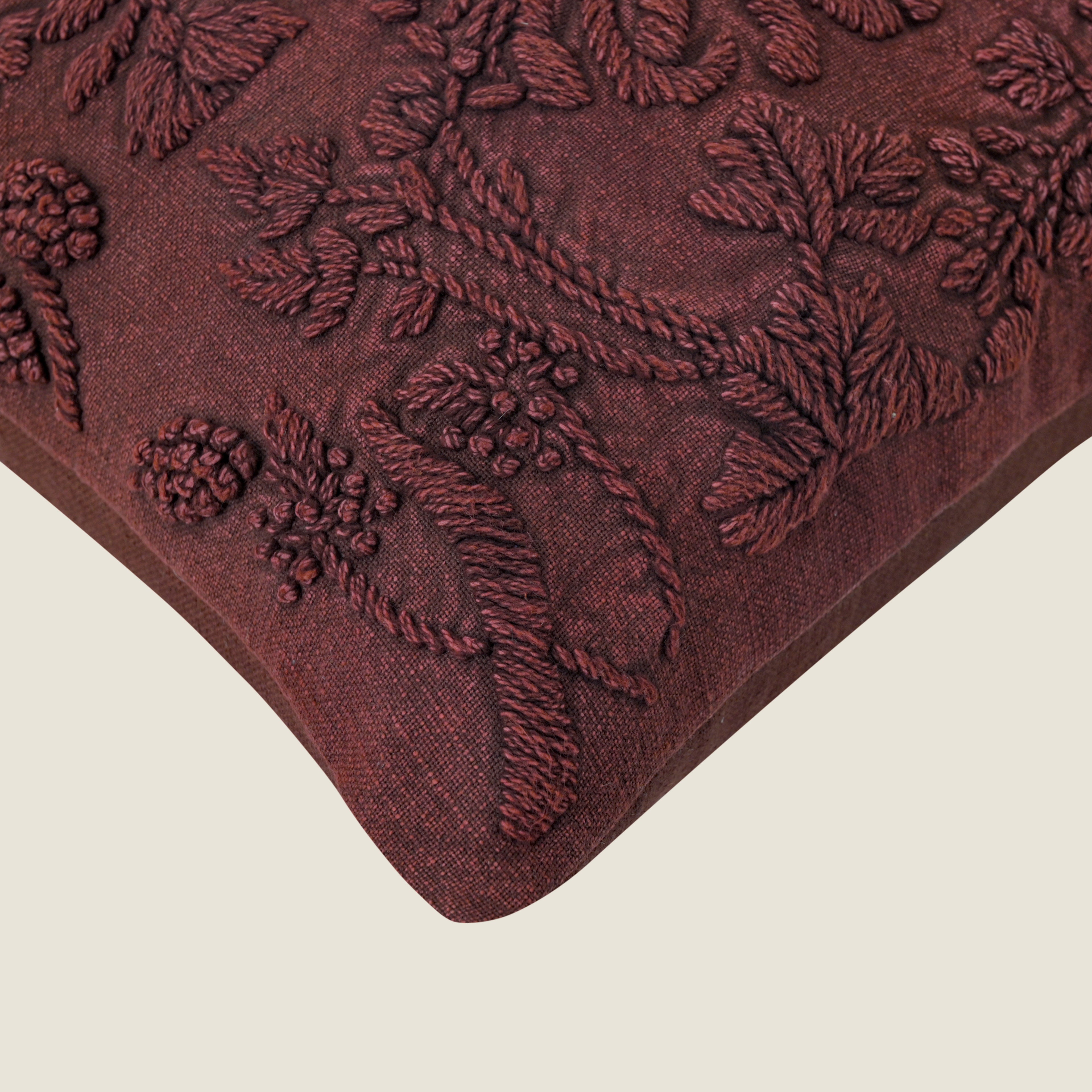 Hand-Embroidered Floral Cushion Cover | Deep Burgundy Textured Pillow Cover Set of 1 Pc
