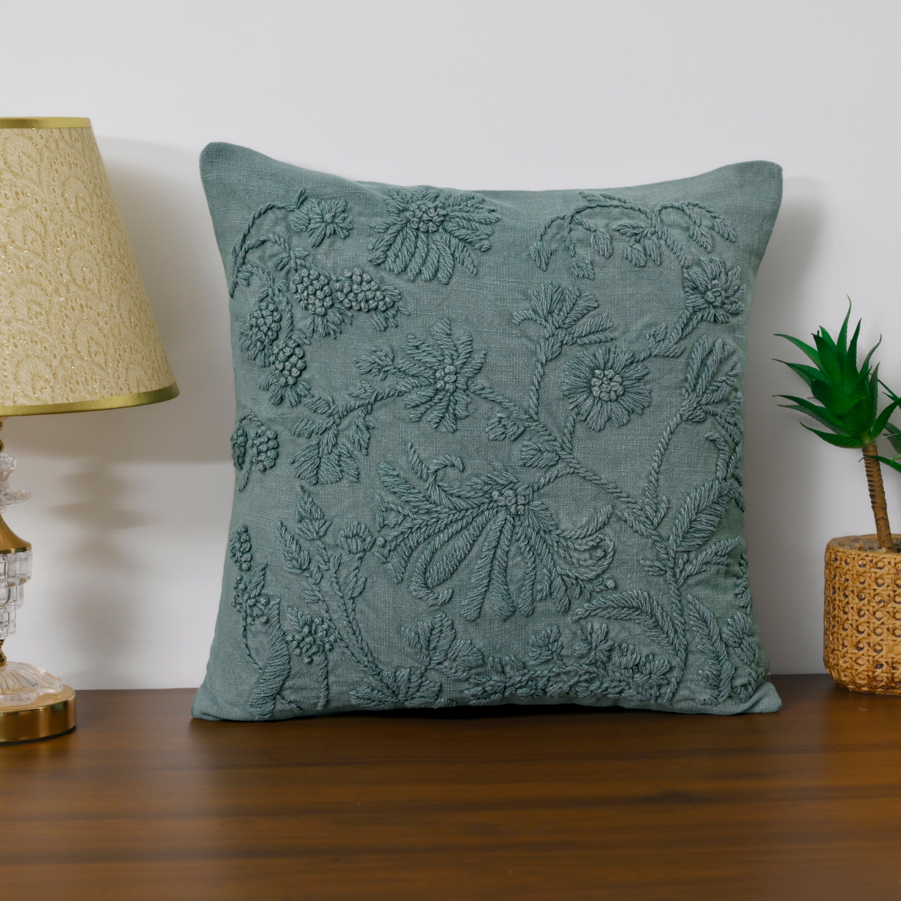 Hand-Embroidered Floral Cushion Cover | Teal Textured Pillow Cover for Sofa & Home Decor Set of 1 Pc