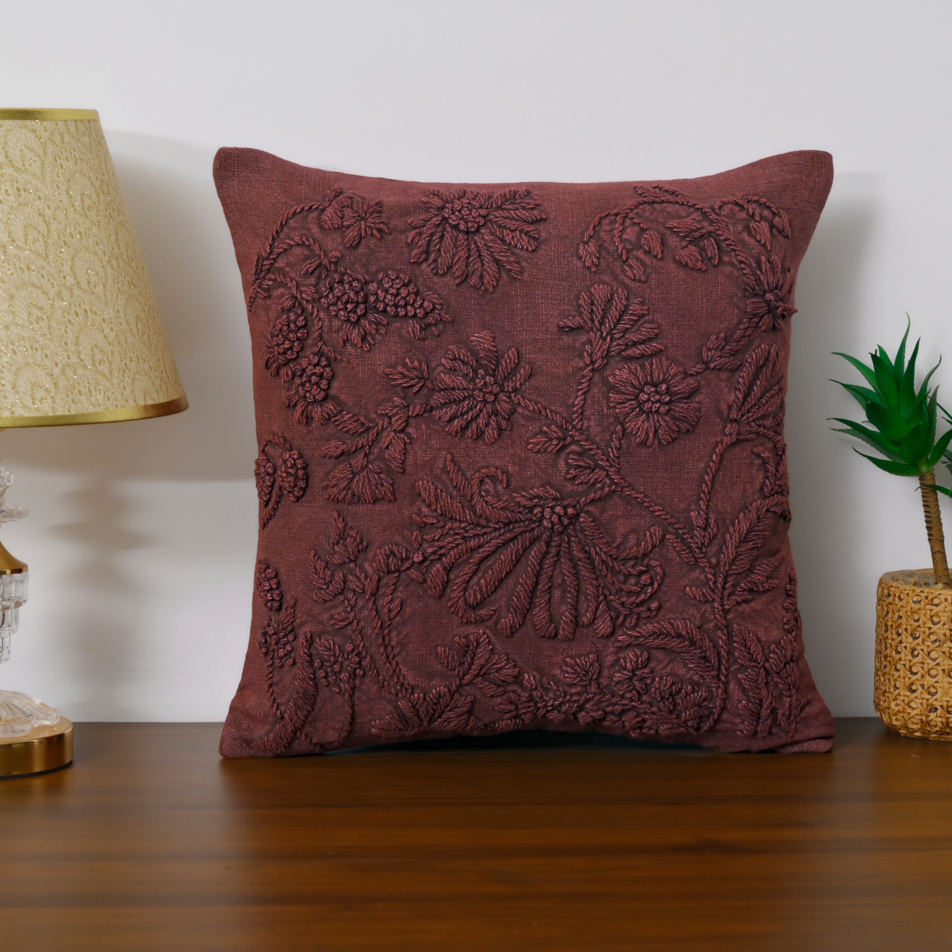 Hand-Embroidered Floral Cushion Cover | Deep Burgundy Textured Pillow Cover Set of 1 Pc