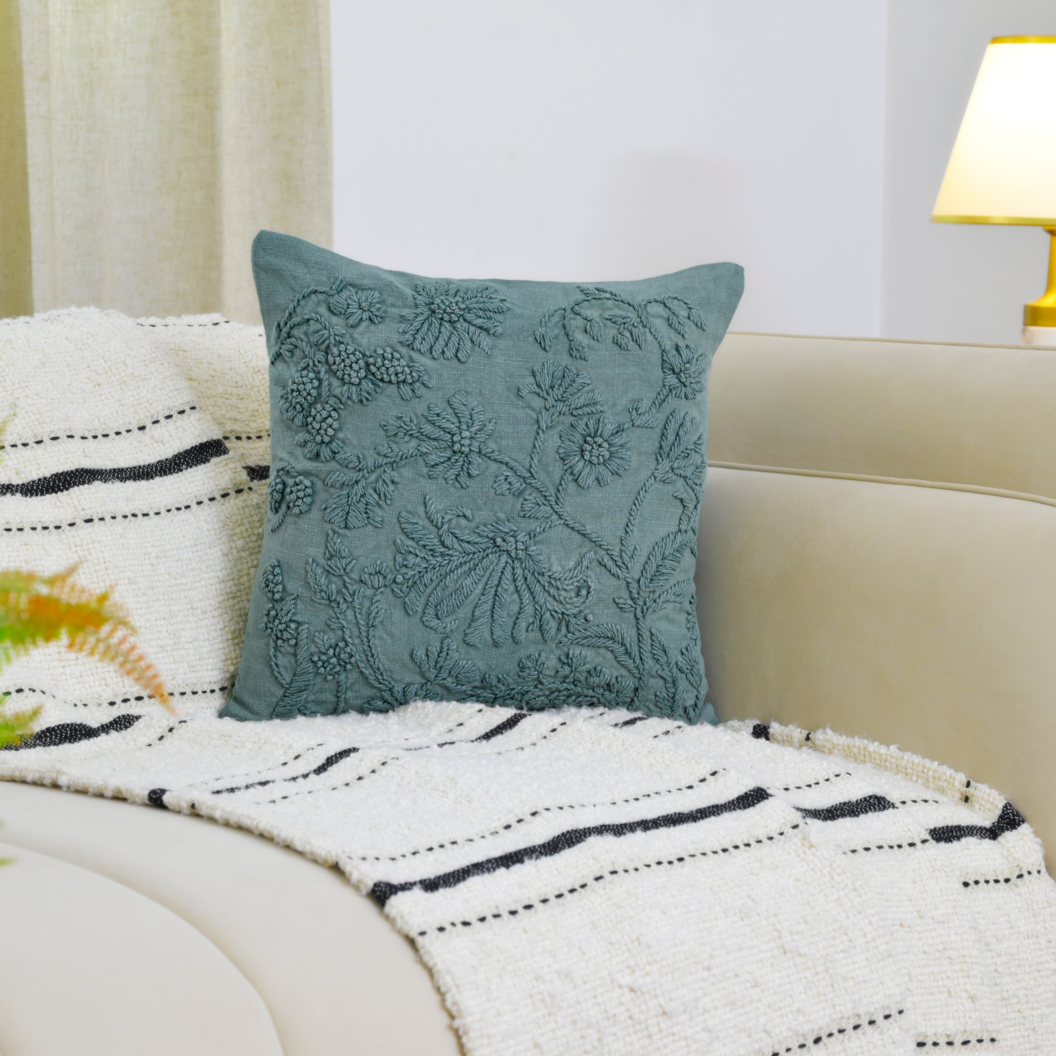 Hand-Embroidered Floral Cushion Cover | Teal Textured Pillow Cover for Sofa & Home Decor Set of 1 Pc