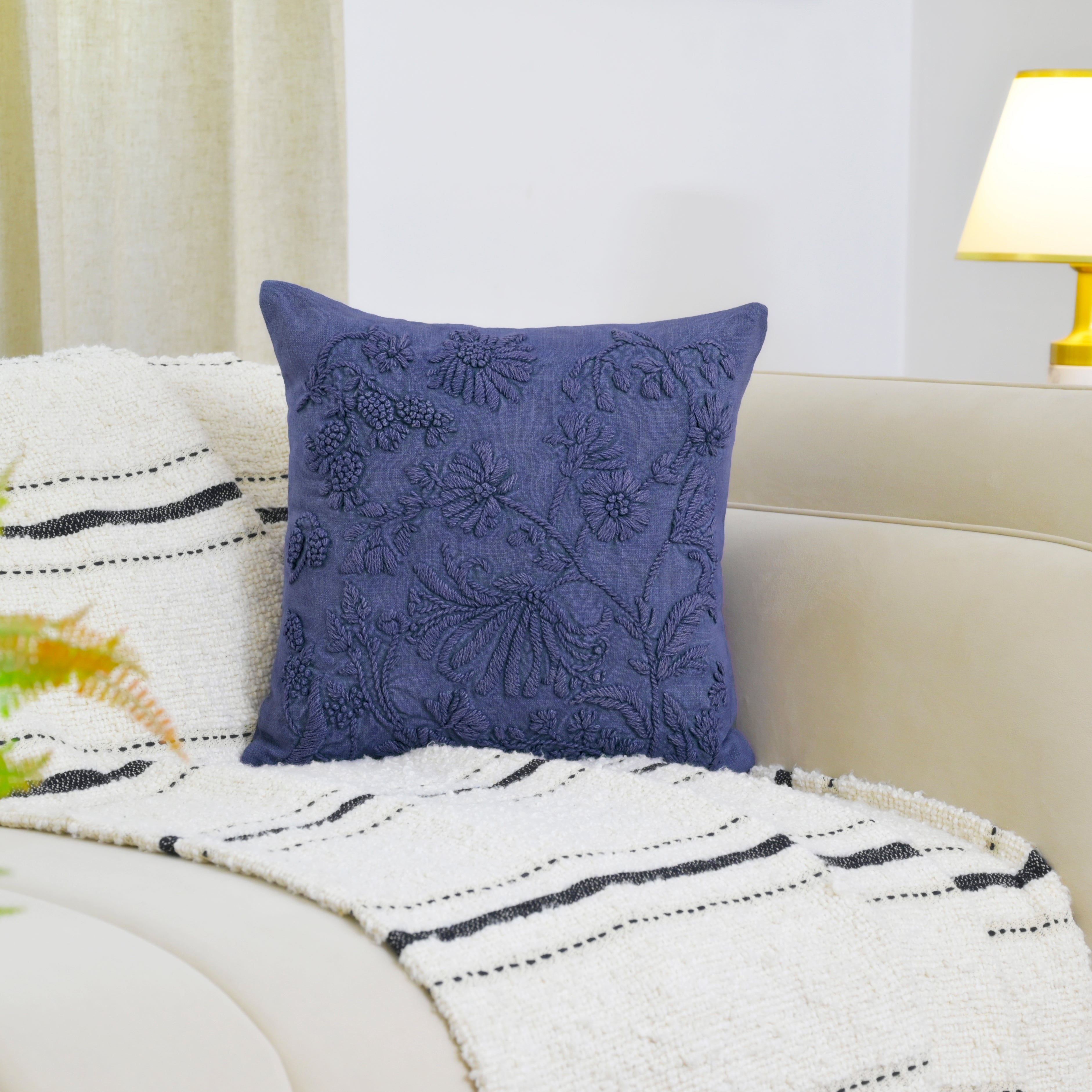 Hand-Embroidered Floral Decorative Pillow Cover | Navy Blue Textured Cotton Linen Cushion Cover for Sofa, Couch, and Bedroom Set of 1 Pc
