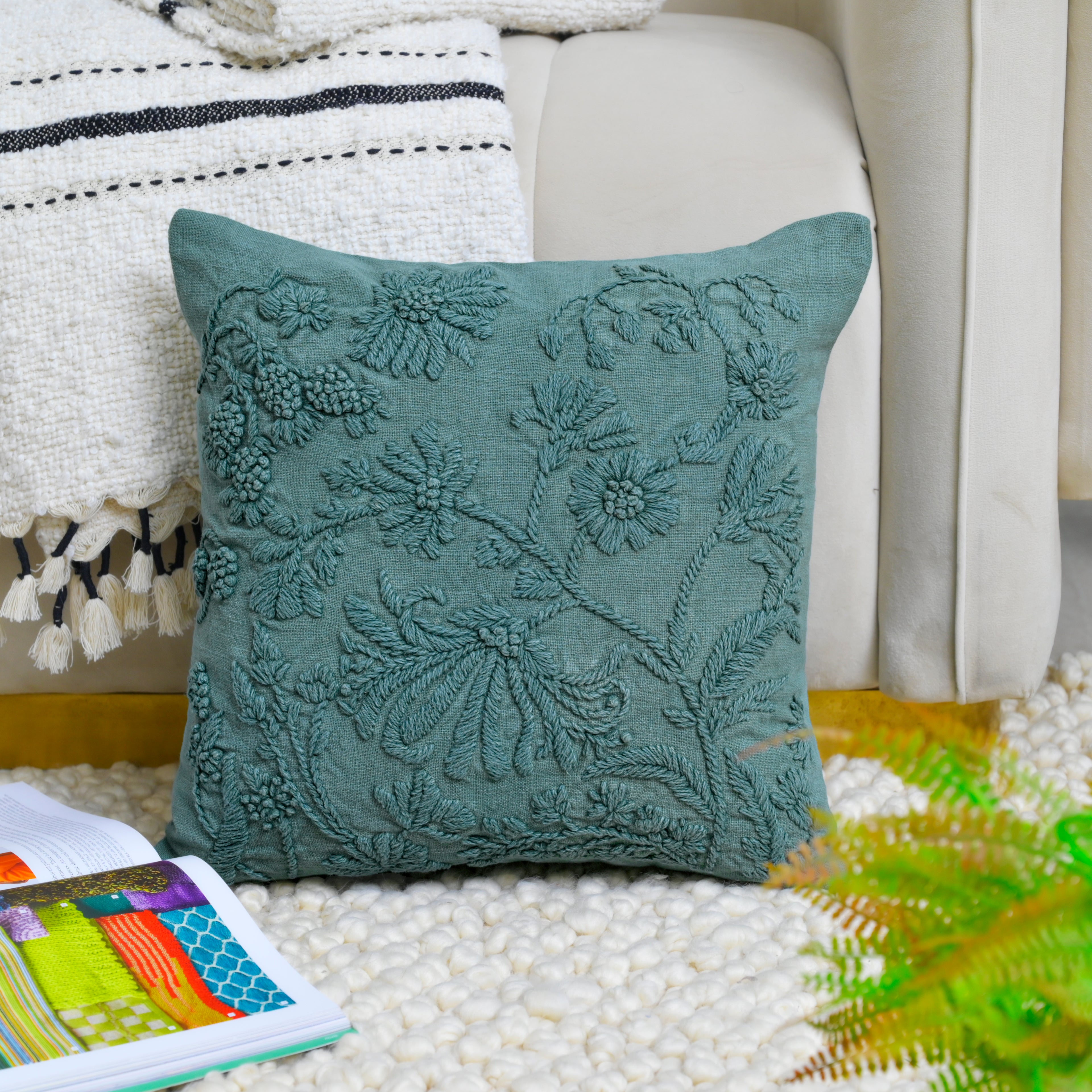 Hand-Embroidered Floral Cushion Cover | Teal Textured Pillow Cover for Sofa & Home Decor Set of 1 Pc