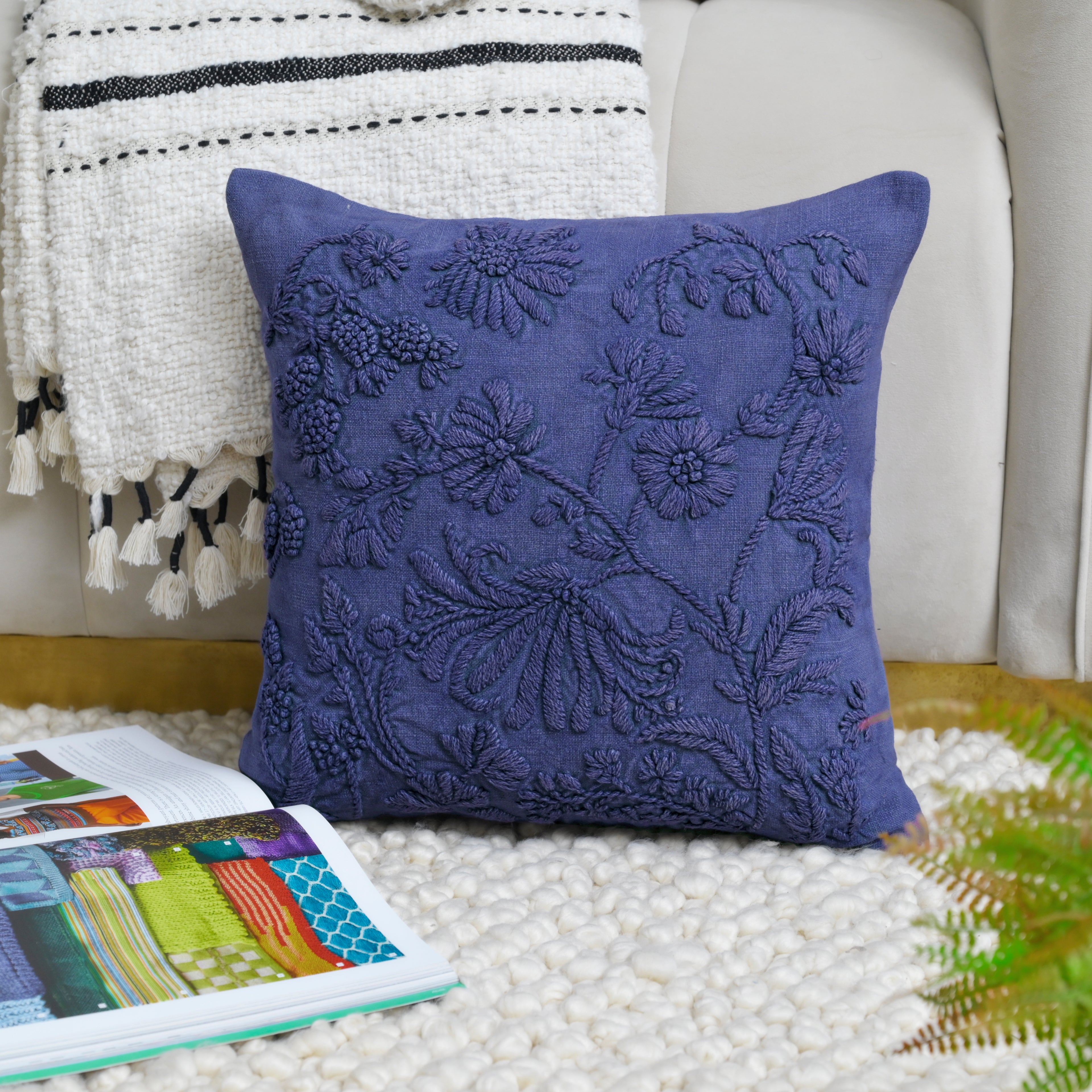 Hand-Embroidered Floral Decorative Pillow Cover | Navy Blue Textured Cotton Linen Cushion Cover for Sofa, Couch, and Bedroom Set of 1 Pc