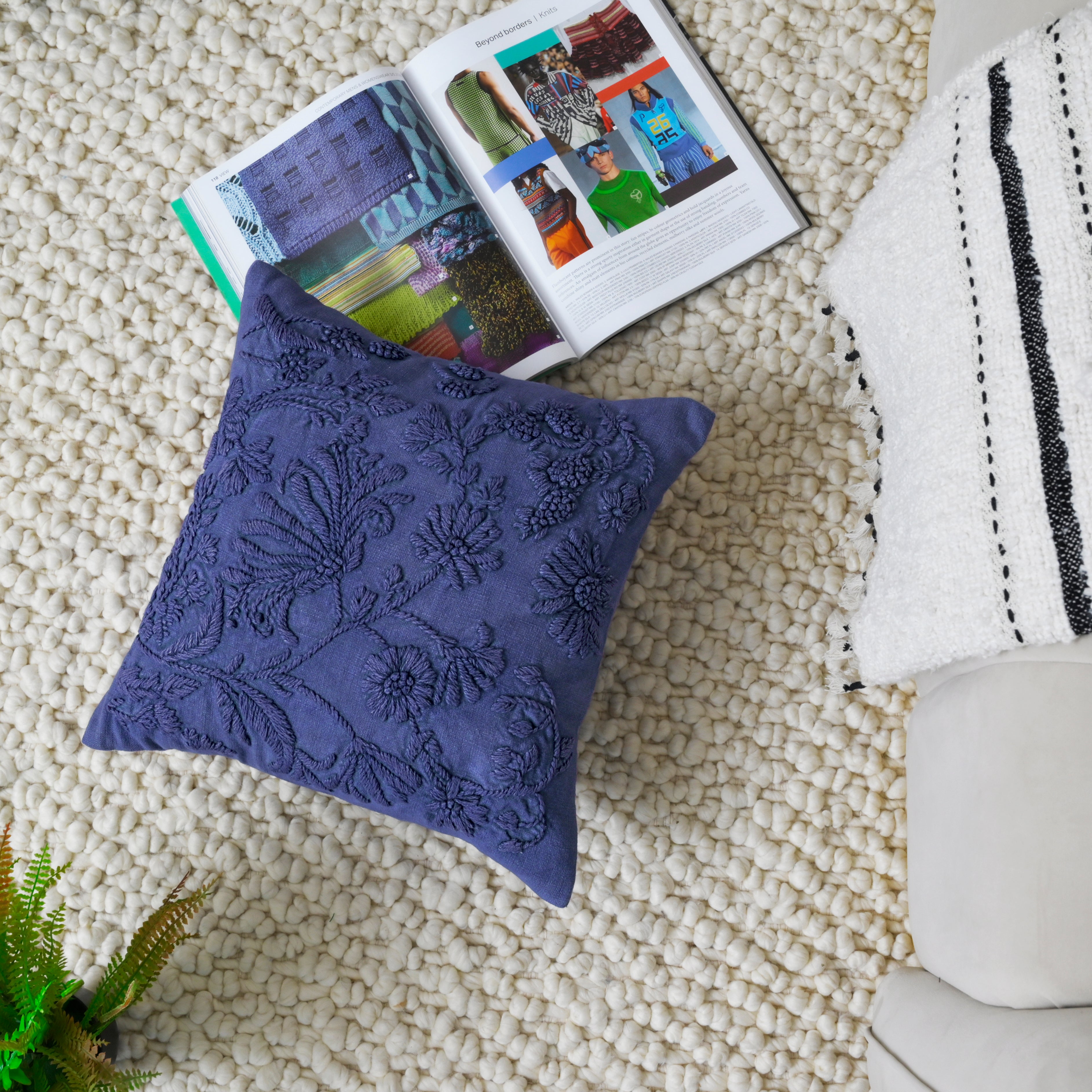 Hand-Embroidered Floral Decorative Pillow Cover | Navy Blue Textured Cotton Linen Cushion Cover for Sofa, Couch, and Bedroom Set of 1 Pc