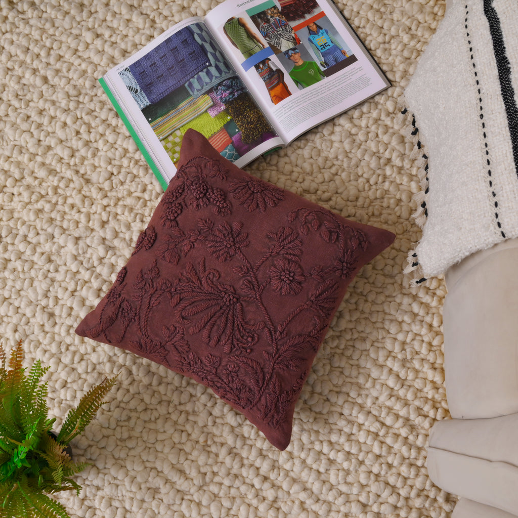 Hand-Embroidered Floral Cushion Cover | Deep Burgundy Textured Pillow Cover Set of 1 Pc