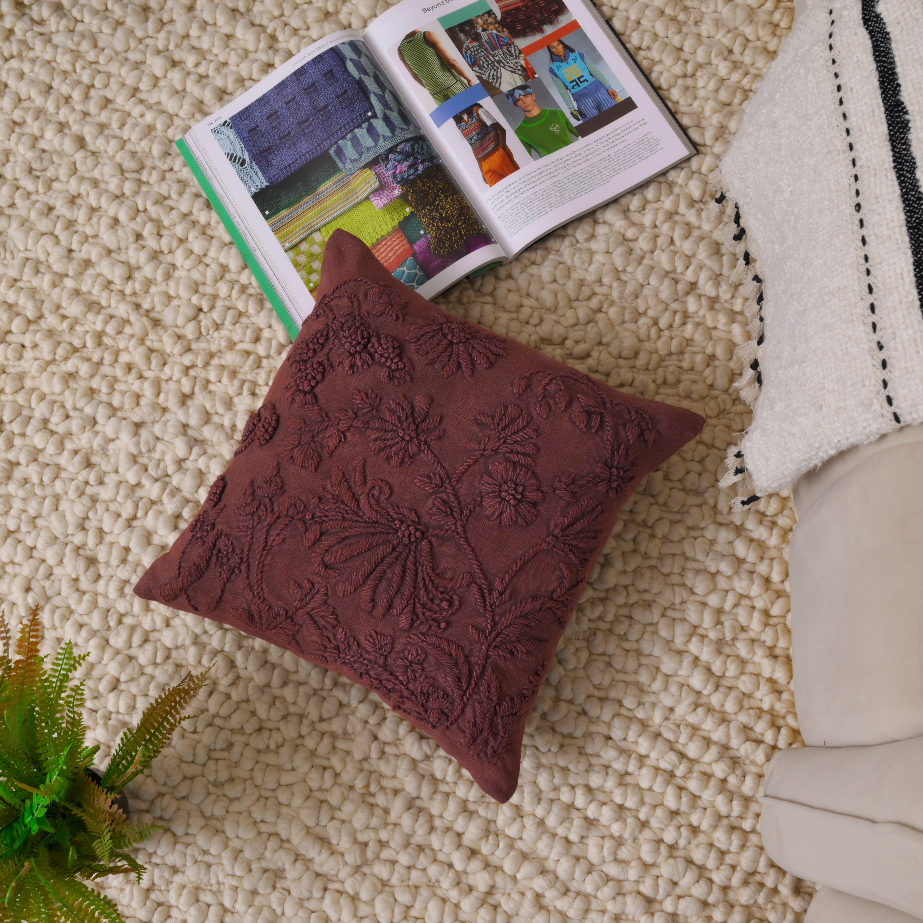 Hand-Embroidered Floral Cushion Cover | Deep Burgundy Textured Pillow Cover Set of 1 Pc