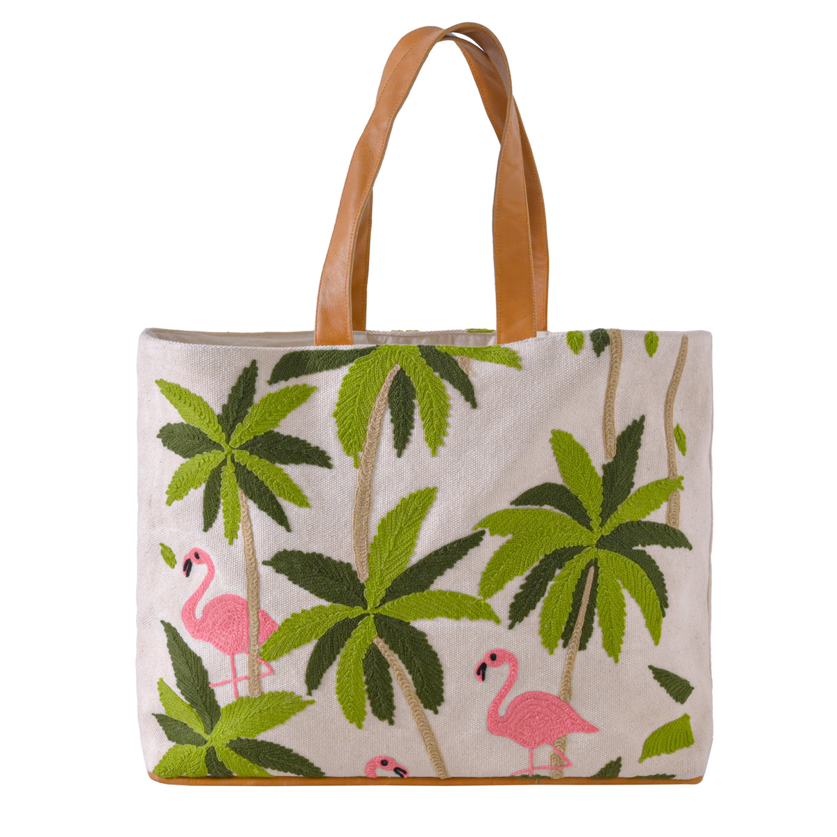 Handmade Flamingo Embroidered Canvas Tote Bag with Leather Straps