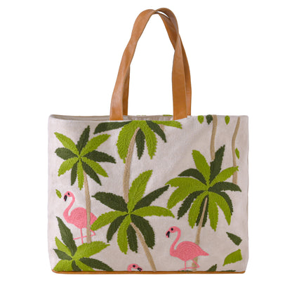Handmade Flamingo Embroidered Canvas Tote Bag with Leather Straps