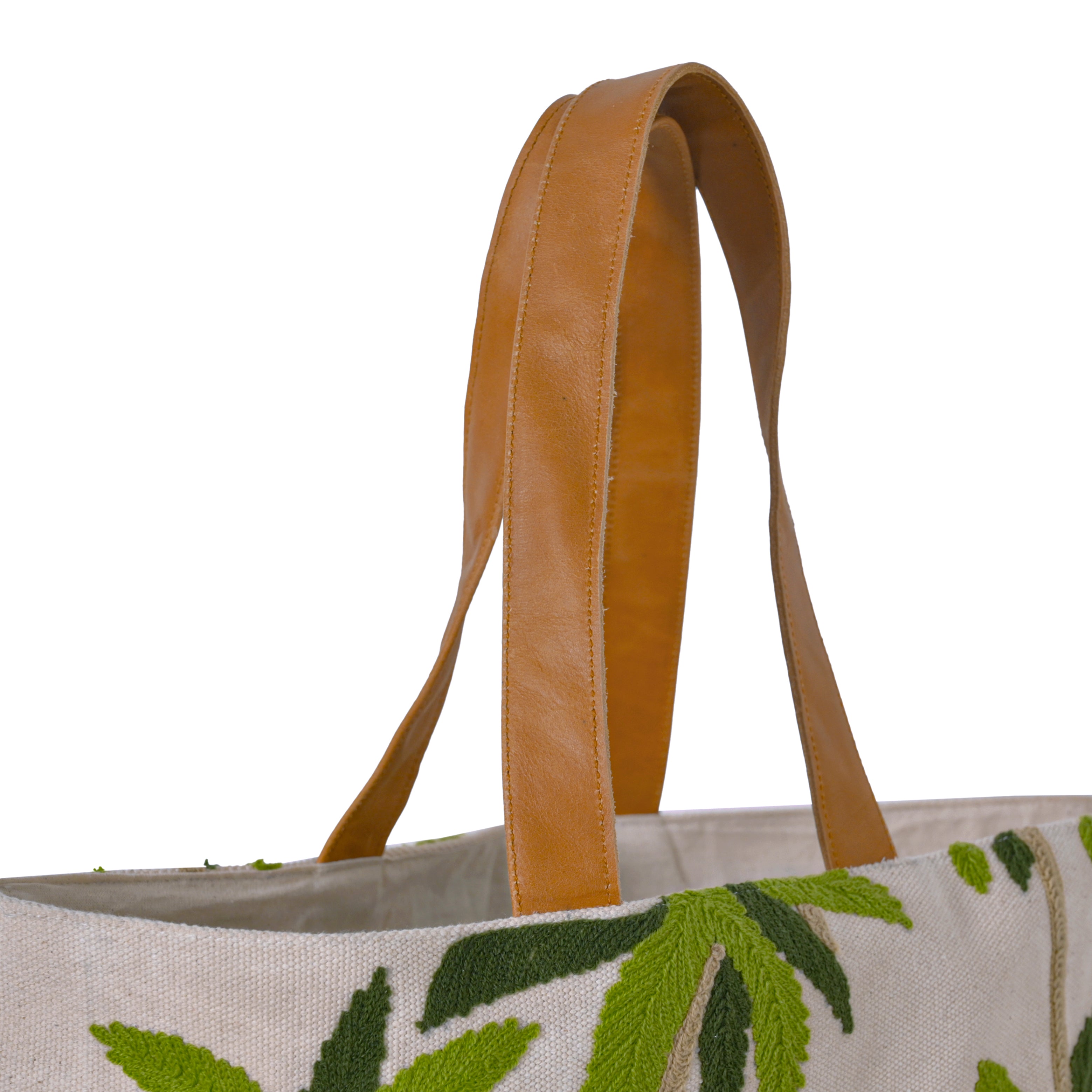 Handmade Flamingo Embroidered Canvas Tote Bag with Leather Straps