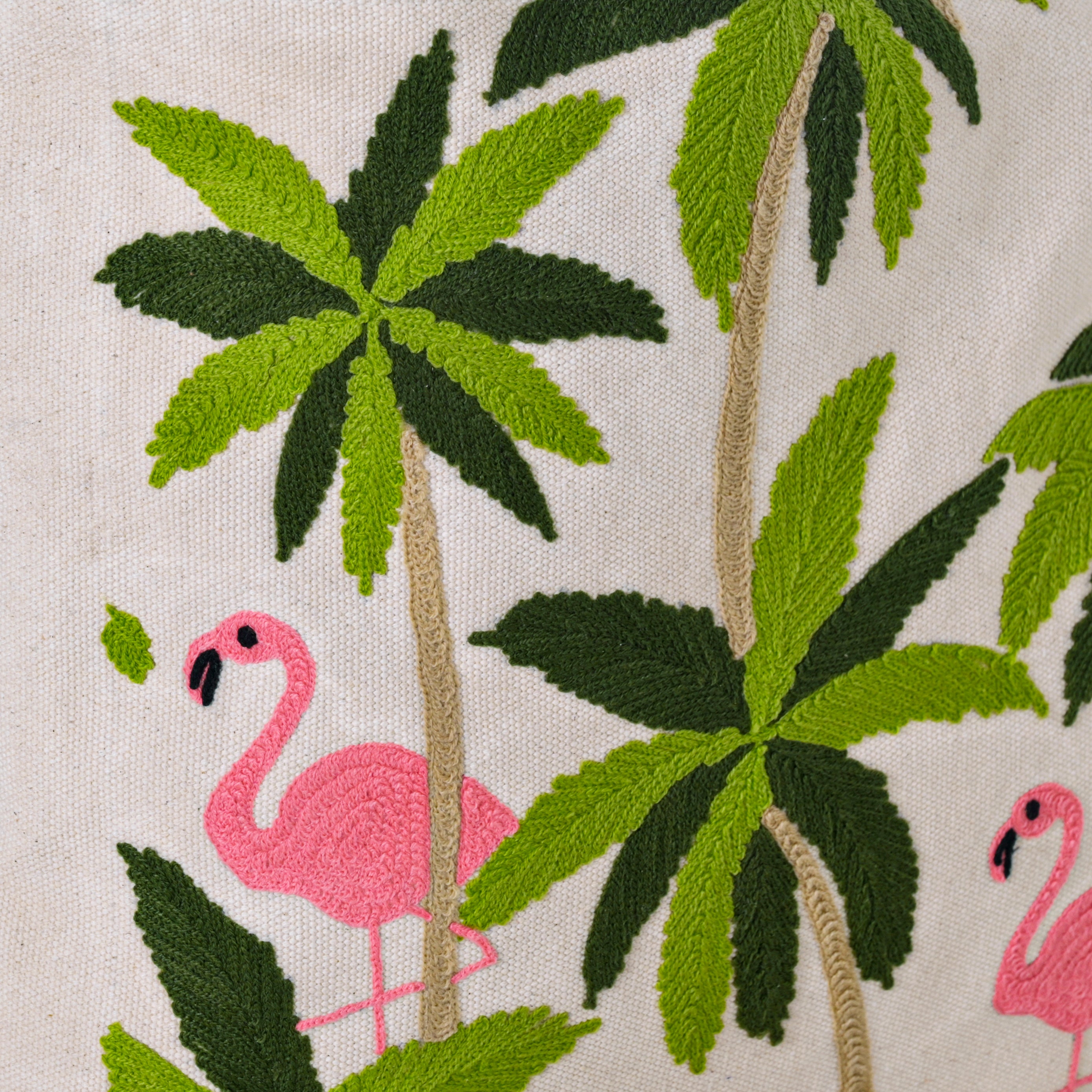 Handmade Flamingo Embroidered Canvas Tote Bag with Leather Straps