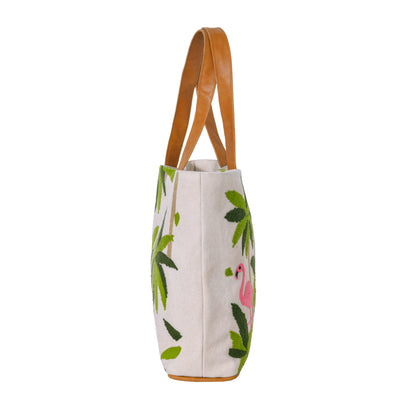 Handmade Flamingo Embroidered Canvas Tote Bag with Leather Straps
