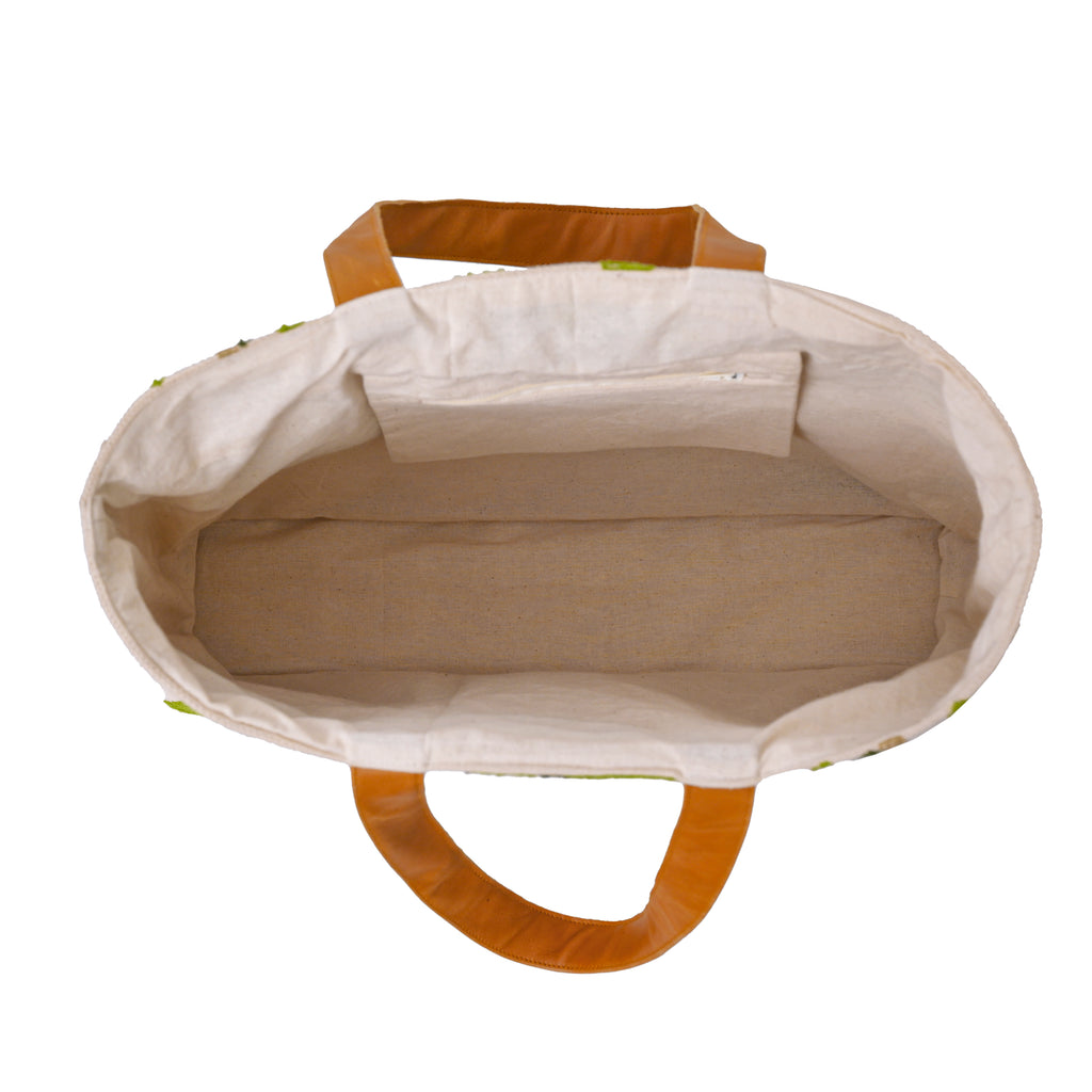 Handmade Flamingo Embroidered Canvas Tote Bag with Leather Straps