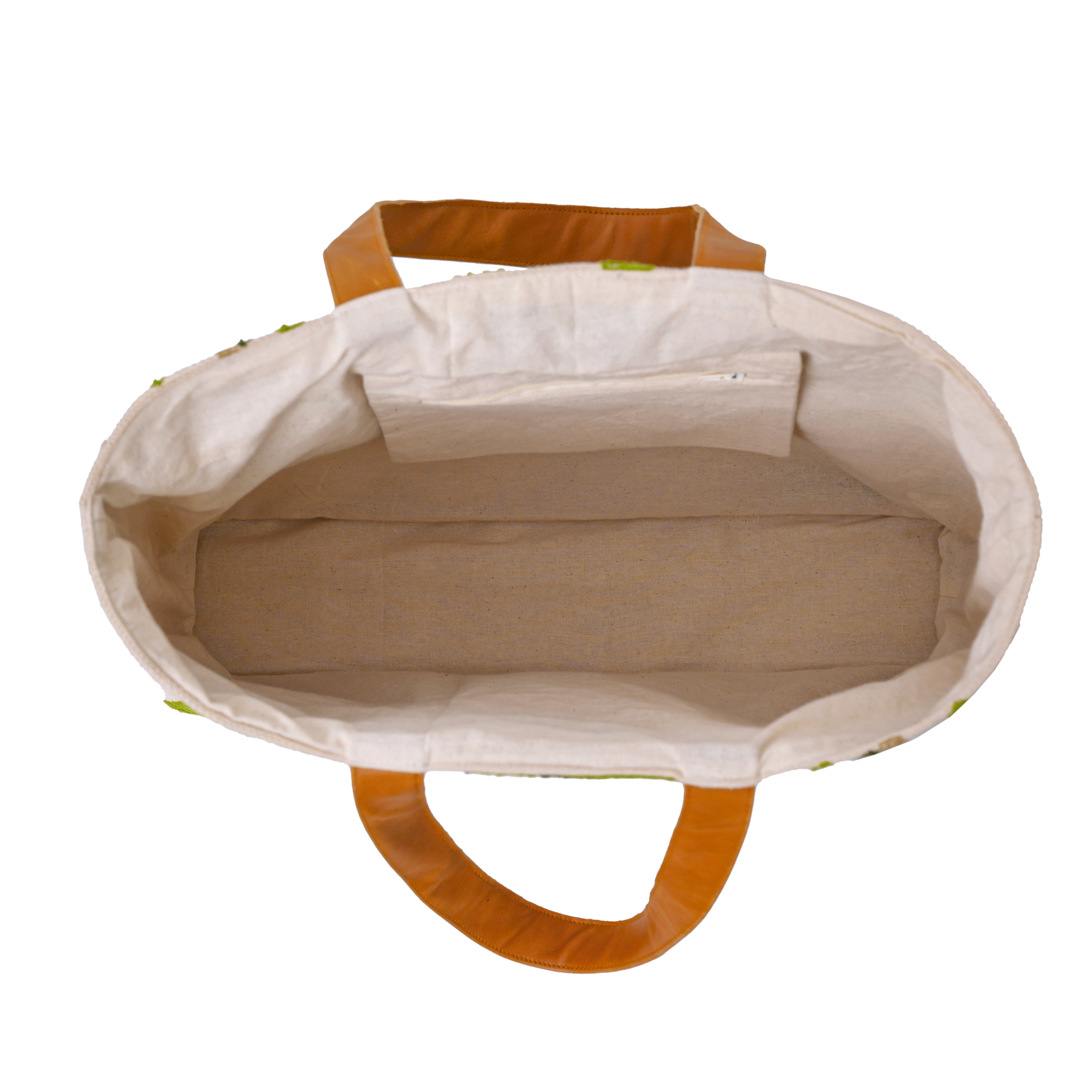 Handmade Flamingo Embroidered Canvas Tote Bag with Leather Straps