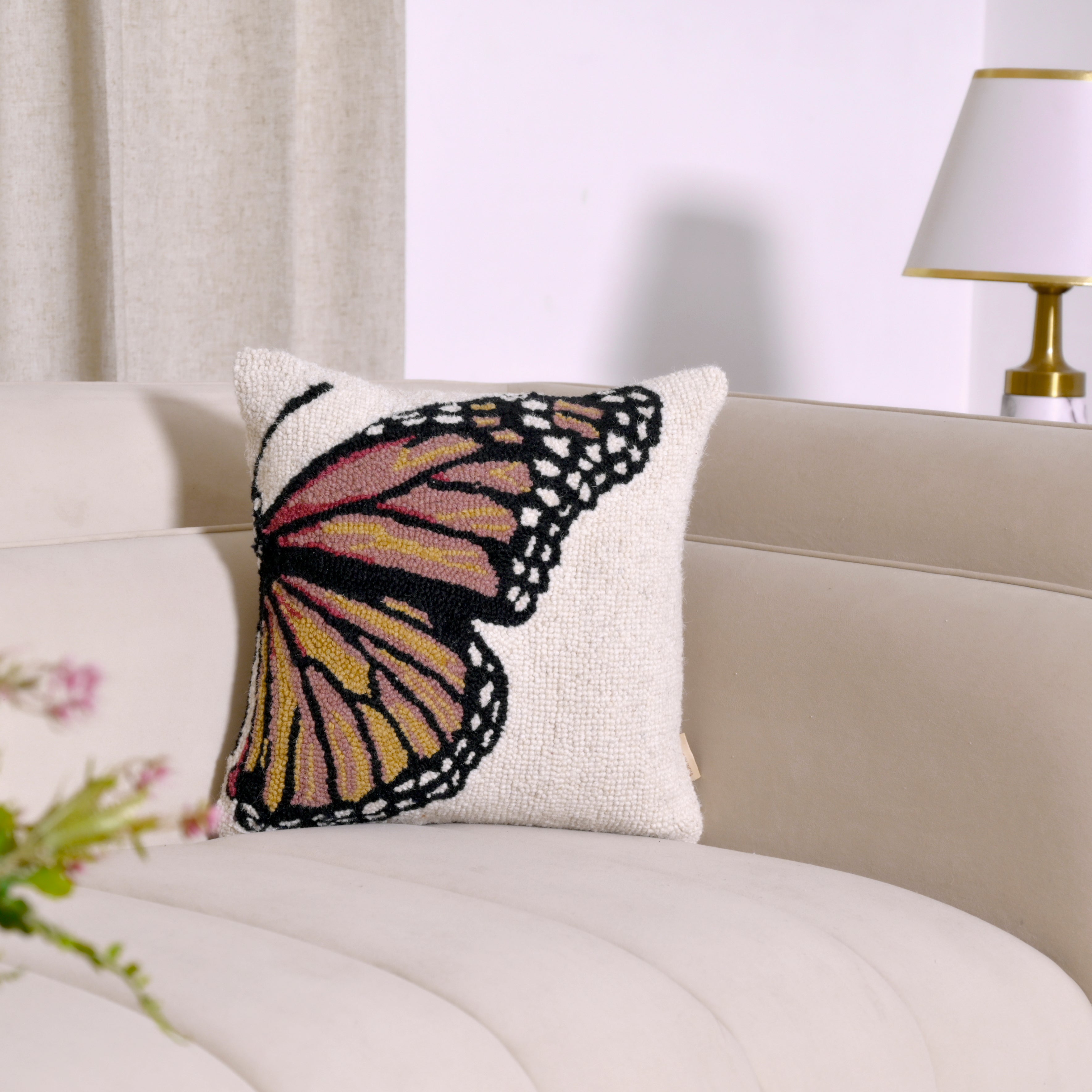 Hand-Hooked Butterfly Decorative Pillow Cover | Square Accent Cushion – Textured Cream & Dusty Rose Home Decor Set of 1 Pc