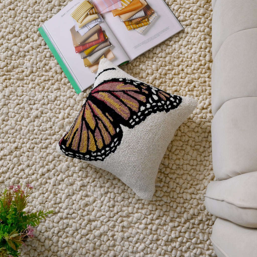 Hand-Hooked Butterfly Decorative Pillow Cover | Square Accent Cushion – Textured Cream & Dusty Rose Home Decor Set of 1 Pc